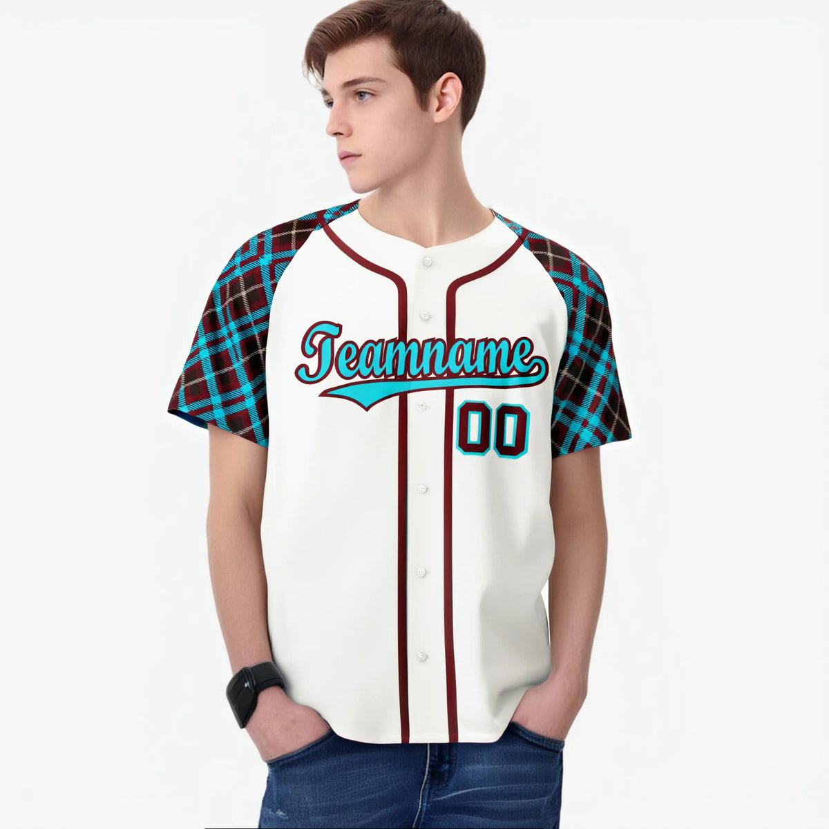 Custom White Brown-Blue Authentic Plaid sleeve Baseball Jersey