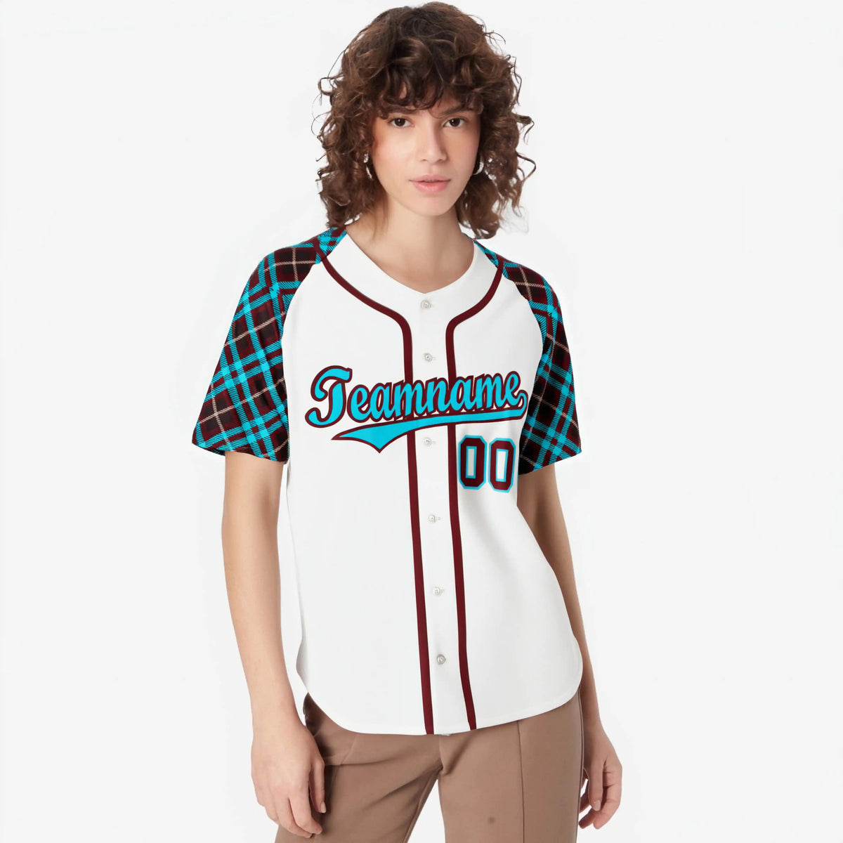 Custom White Brown-Blue Authentic Plaid sleeve Baseball Jersey