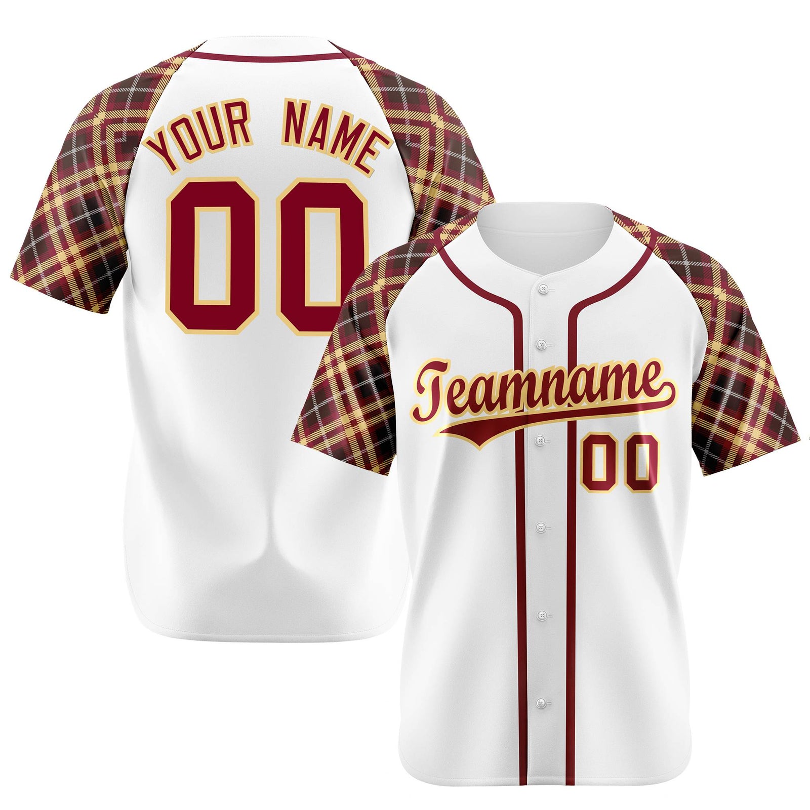 Custom White Crimson-Gold Authentic Plaid sleeve Baseball Jersey