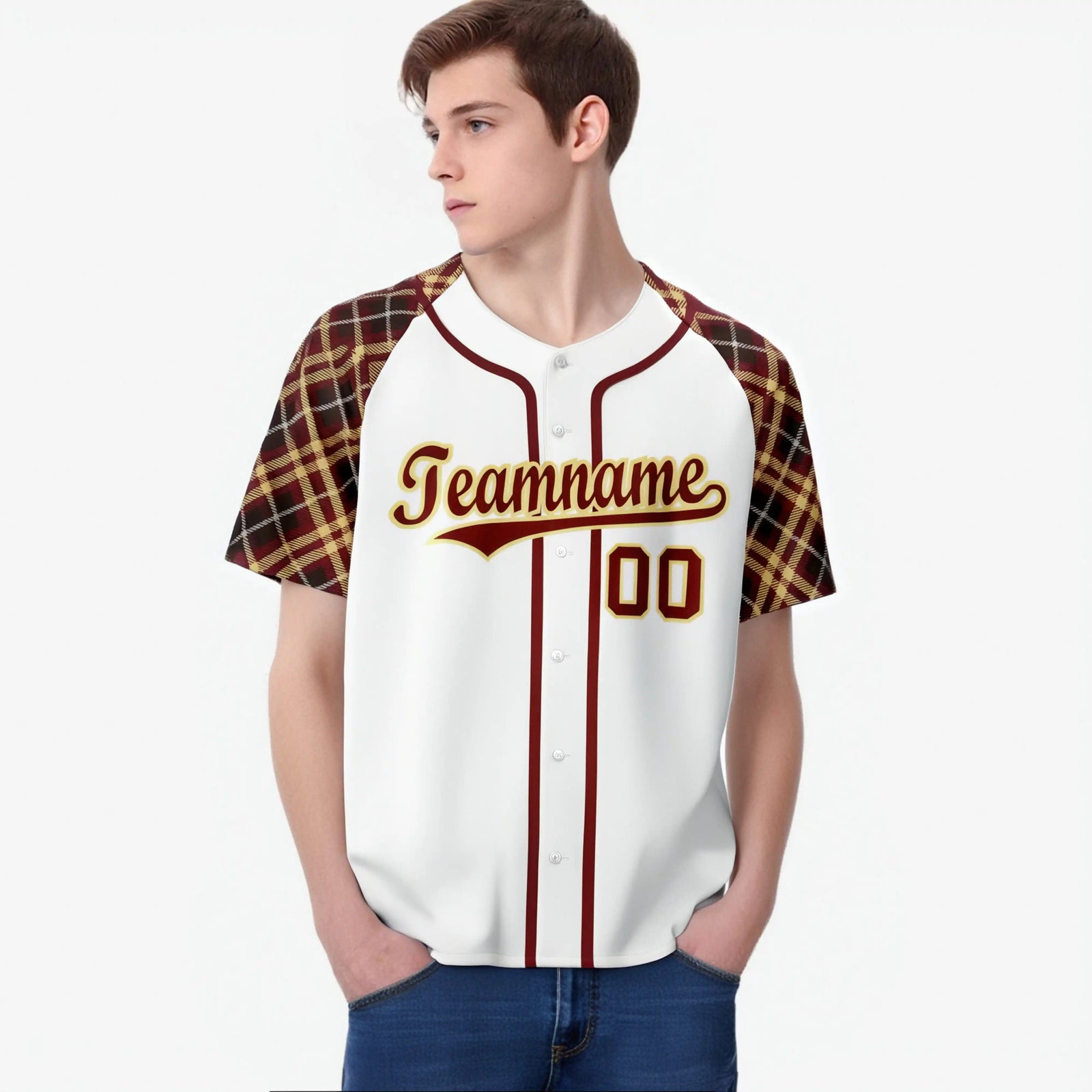 Custom White Crimson-Gold Authentic Plaid sleeve Baseball Jersey
