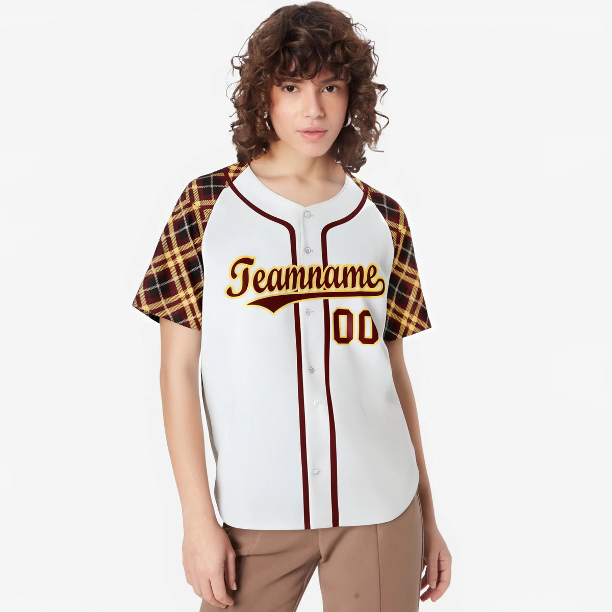 Custom White Crimson-Gold Authentic Plaid sleeve Baseball Jersey