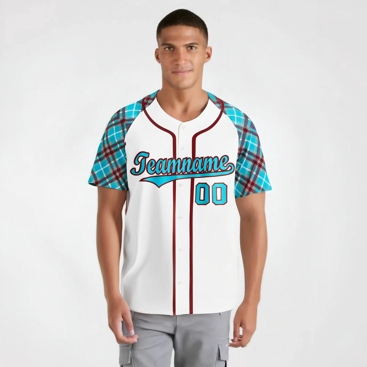 Custom White Blue-Brown Authentic Plaid sleeve Baseball Jersey