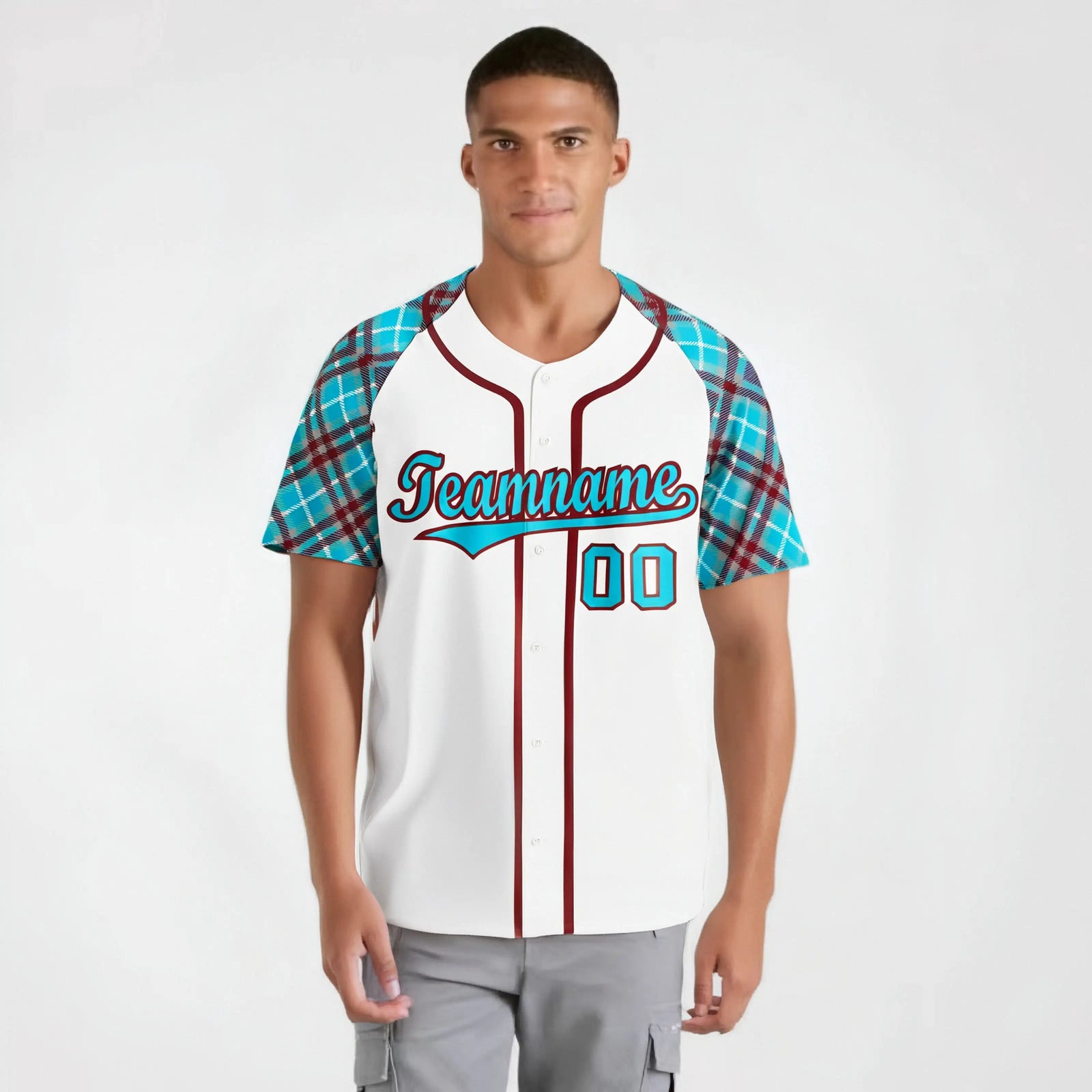 Custom White Blue-Brown Authentic Plaid sleeve Baseball Jersey