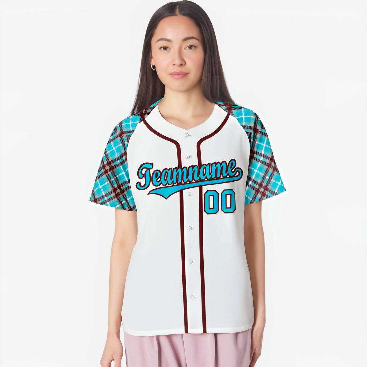 Custom White Blue-Brown Authentic Plaid sleeve Baseball Jersey