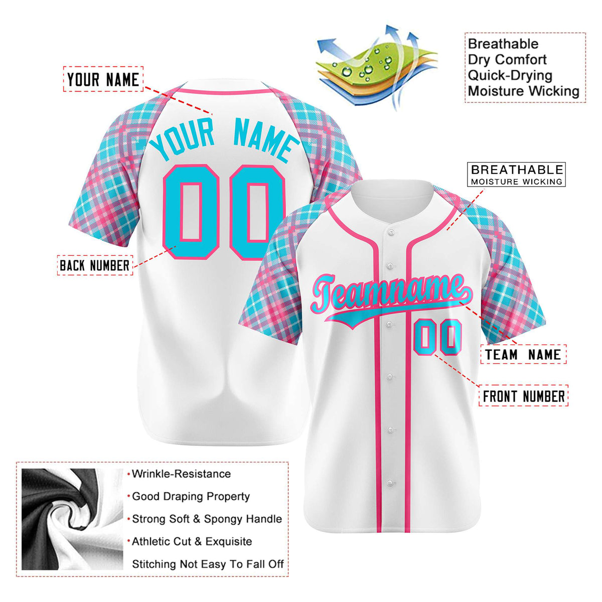 Custom White Pink-Blue Authentic Plaid sleeve Baseball Jersey
