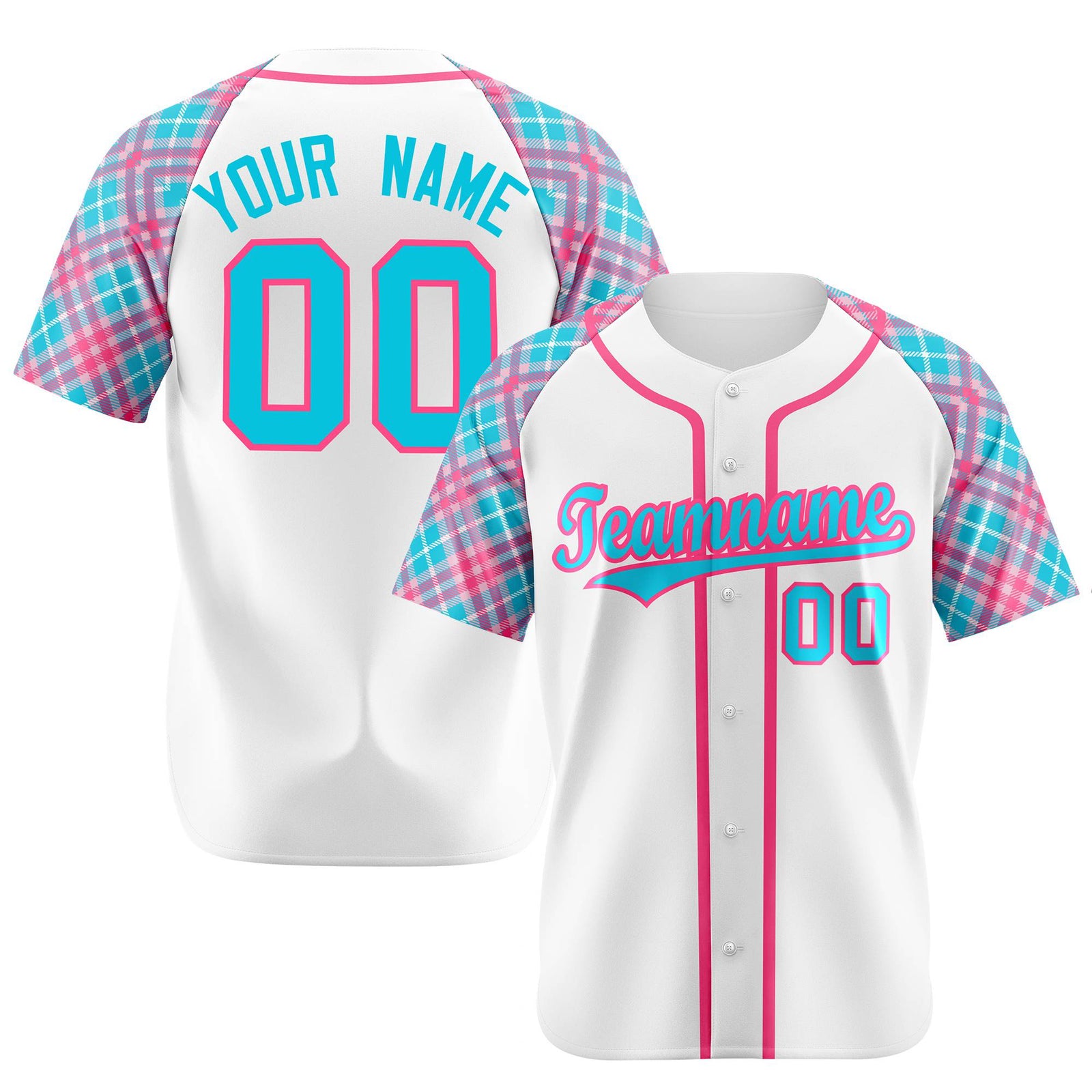Custom White Pink-Blue Authentic Plaid sleeve Baseball Jersey