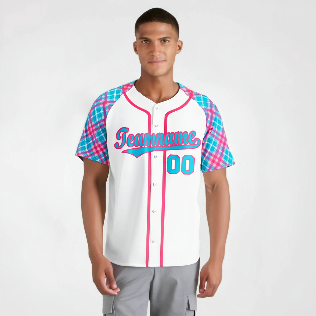 Custom White Pink-Blue Authentic Plaid sleeve Baseball Jersey
