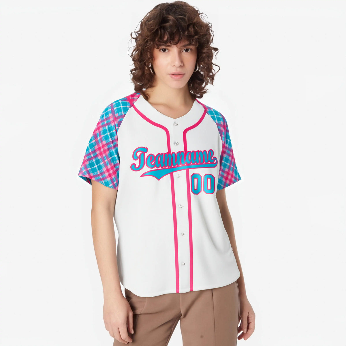 Custom White Pink-Blue Authentic Plaid sleeve Baseball Jersey