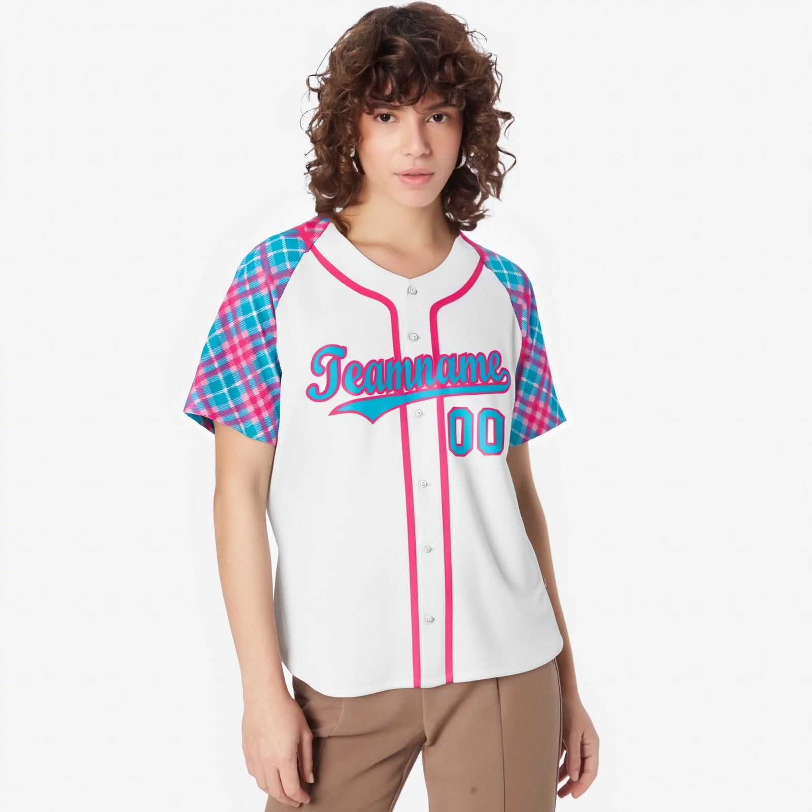 Custom White Pink-Blue Authentic Plaid sleeve Baseball Jersey