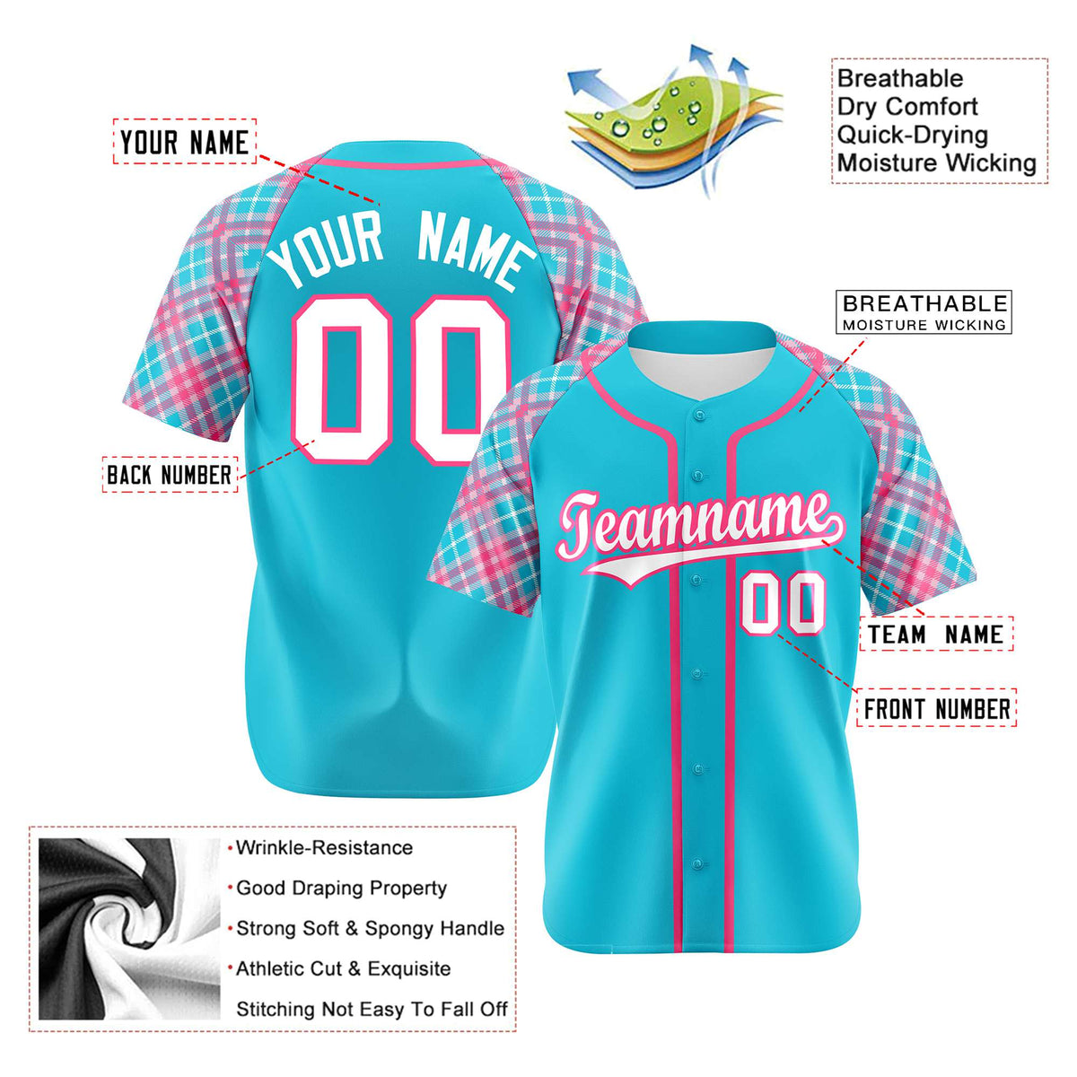 Custom Light Blue Pink-White Authentic Plaid sleeve Baseball Jersey