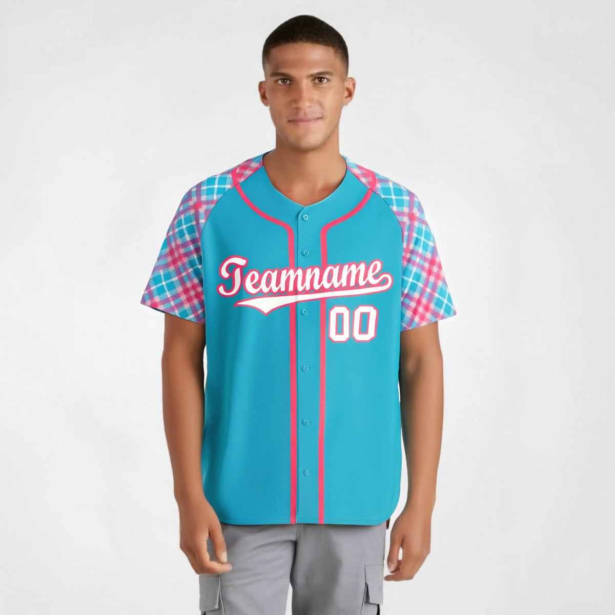 Custom Light Blue Pink-White Authentic Plaid sleeve Baseball Jersey