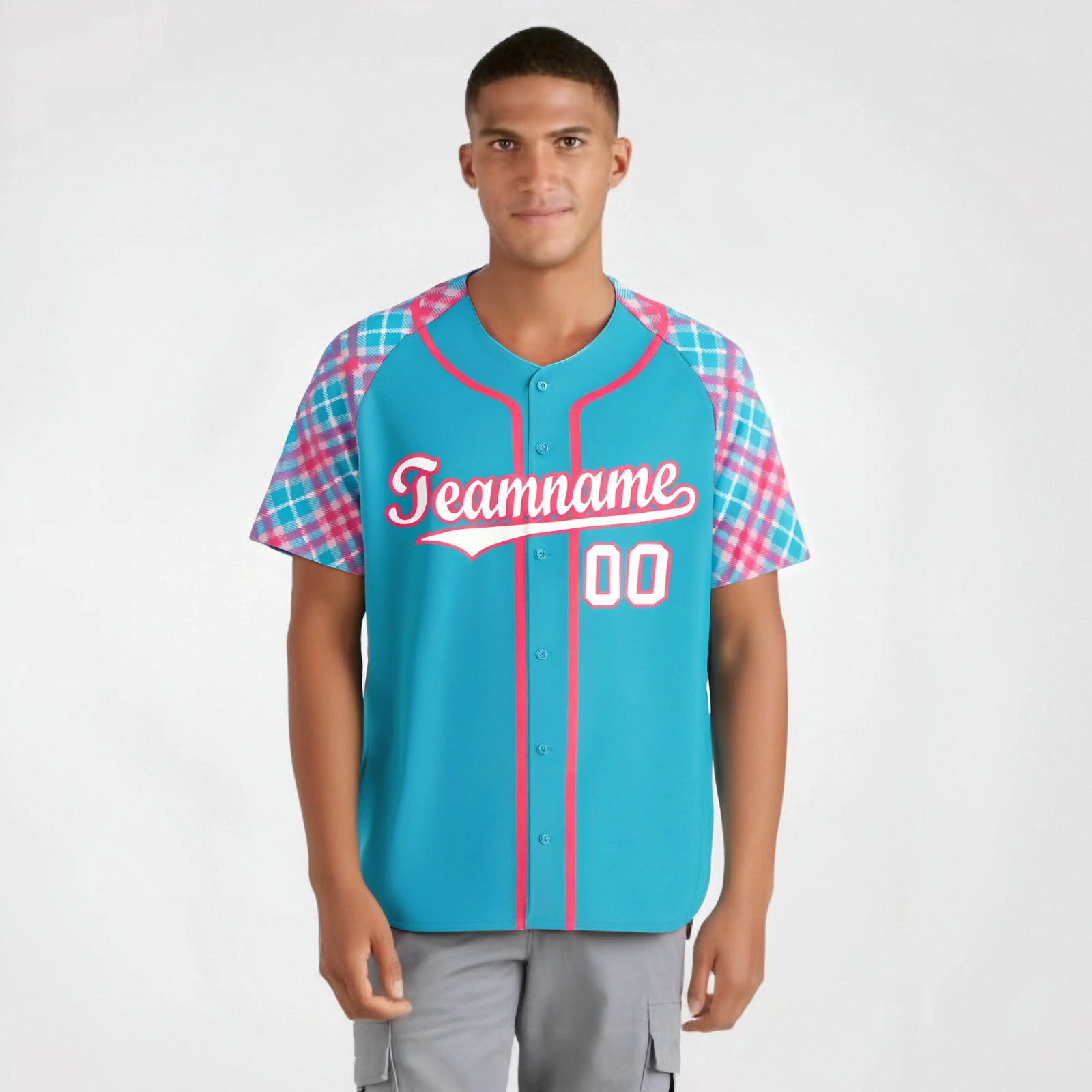 Custom Light Blue Pink-White Authentic Plaid sleeve Baseball Jersey