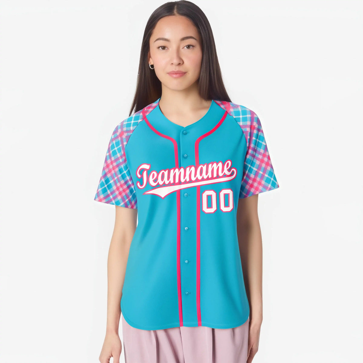 Custom Light Blue Pink-White Authentic Plaid sleeve Baseball Jersey