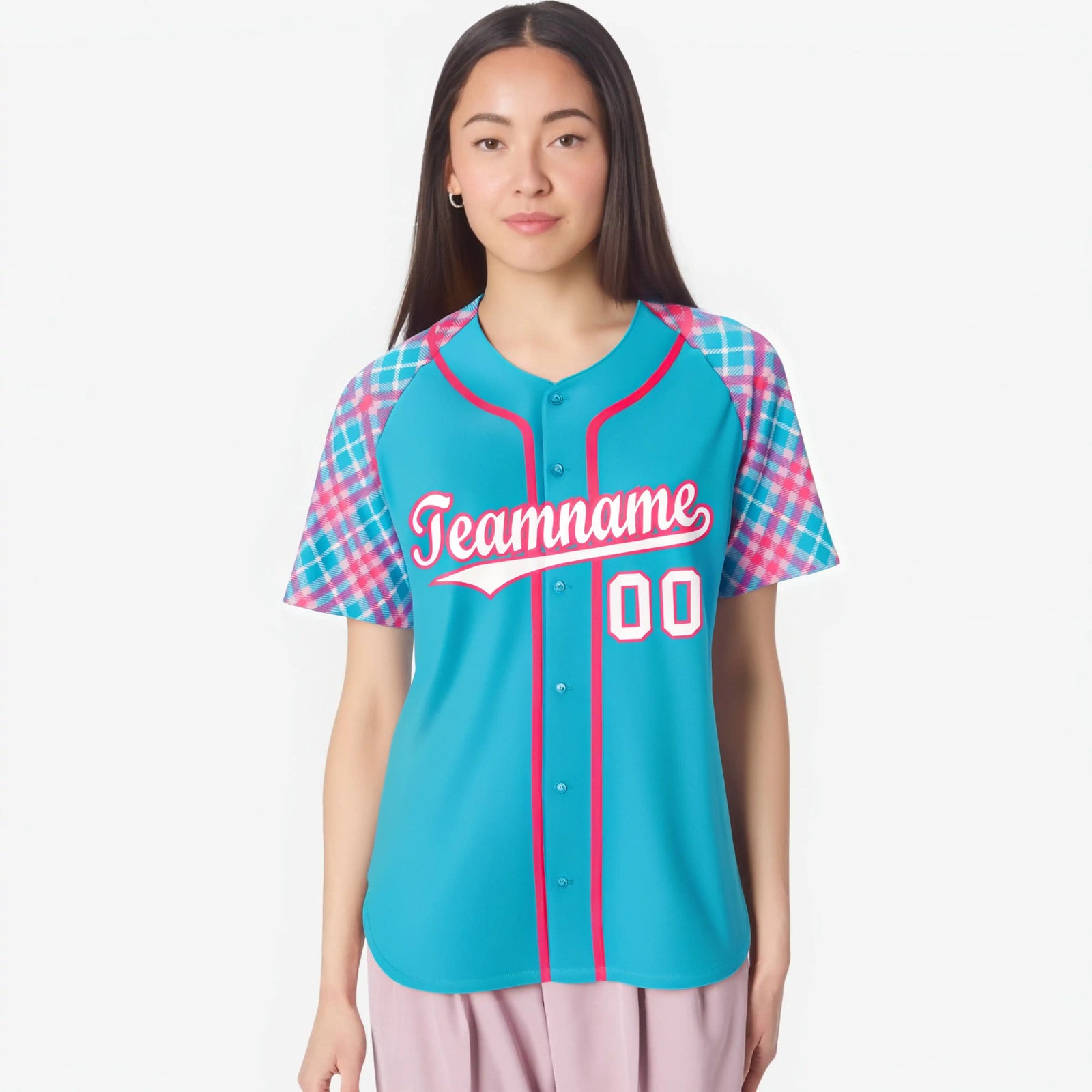 Custom Light Blue Pink-White Authentic Plaid sleeve Baseball Jersey