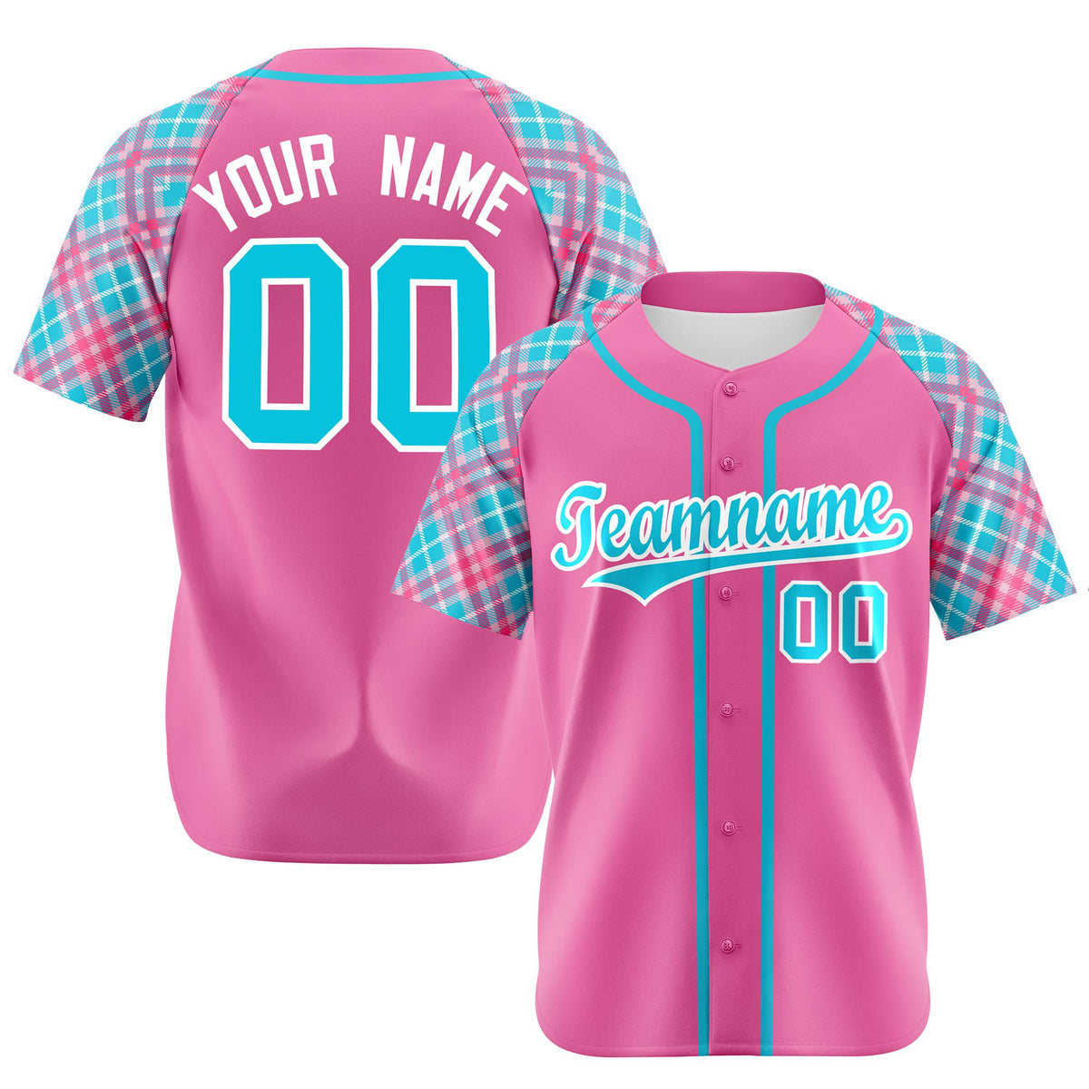 Custom Pink Light Blue-White Authentic Plaid sleeve Baseball Jersey