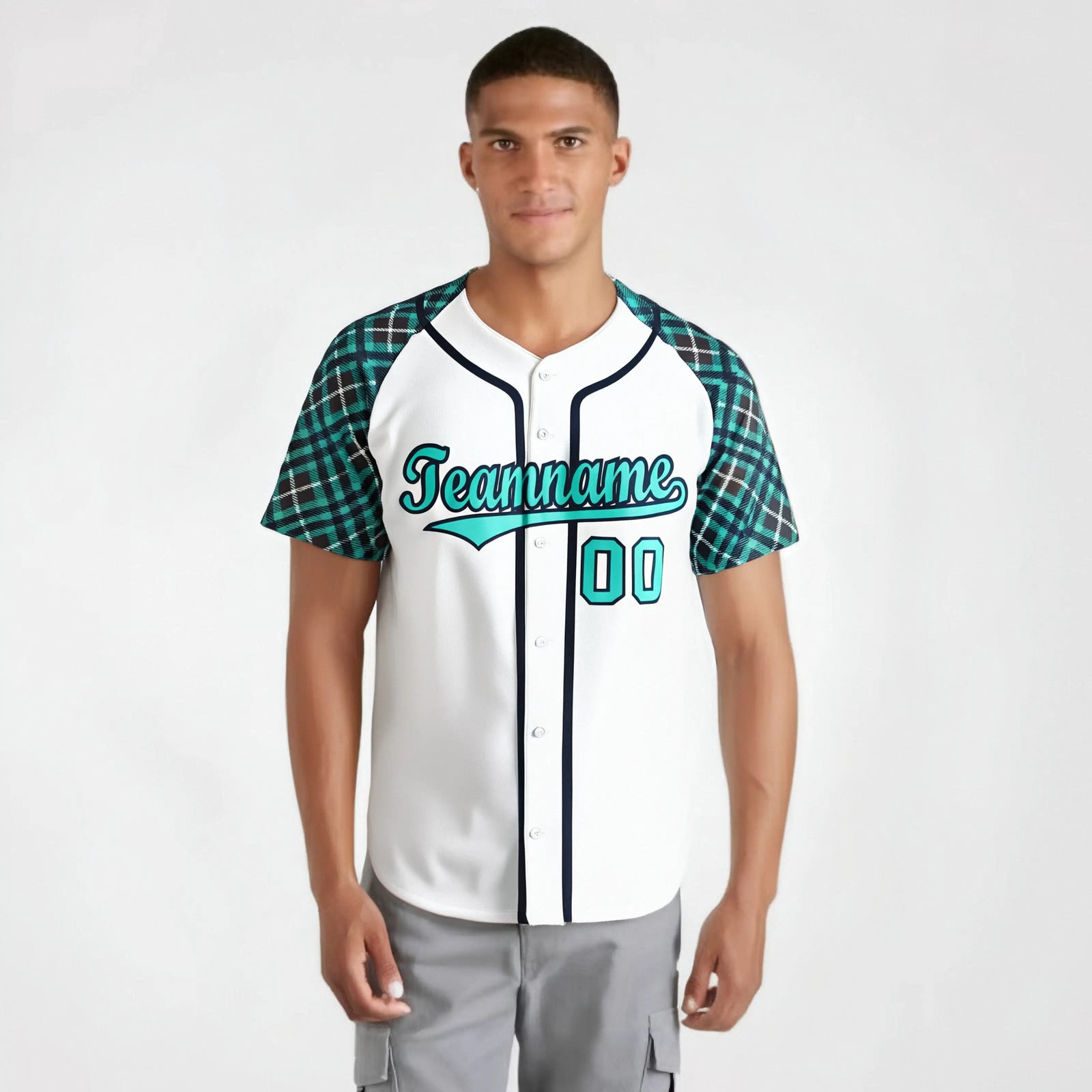 Custom White Light-Blue Navy Authentic Plaid sleeve Baseball Jersey