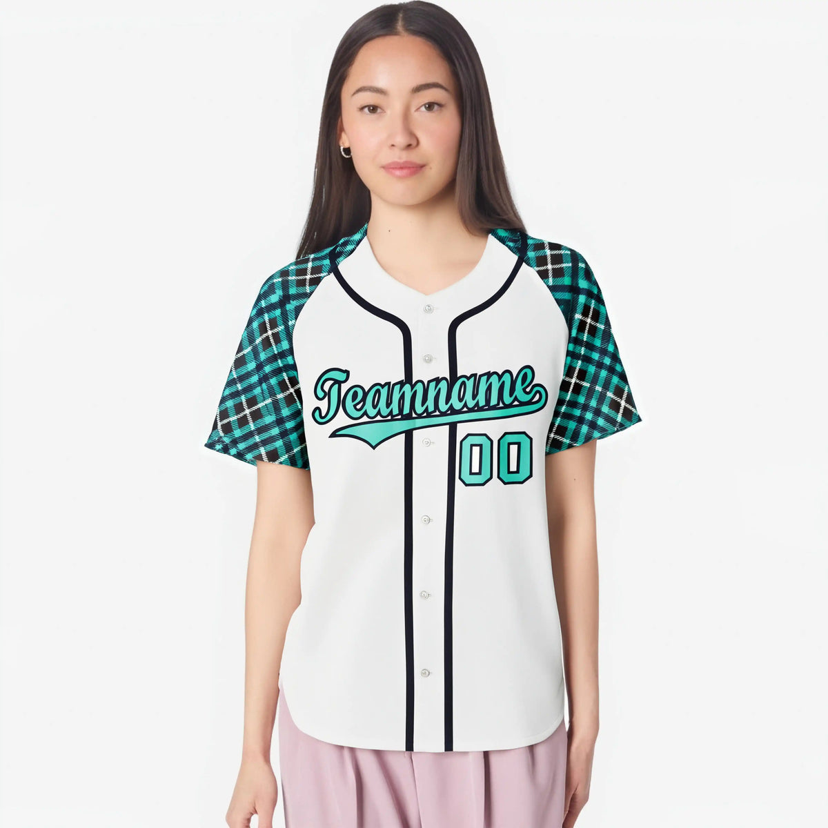Custom White Light-Blue Navy Authentic Plaid sleeve Baseball Jersey