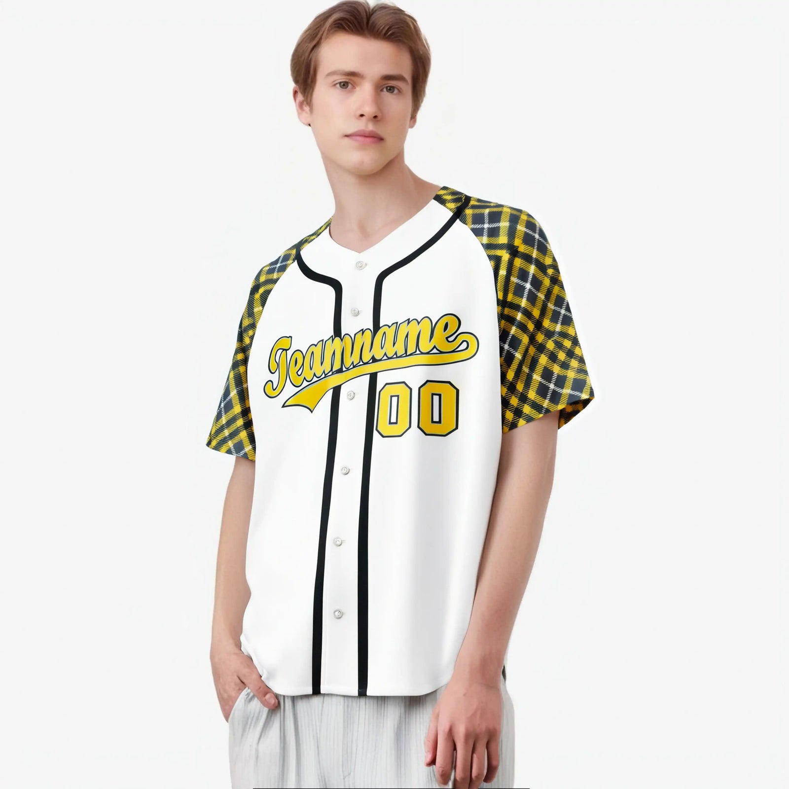Custom White Yellow-Black Authentic Plaid sleeve Baseball Jersey