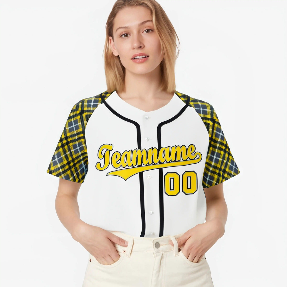 Custom White Yellow-Black Authentic Plaid sleeve Baseball Jersey