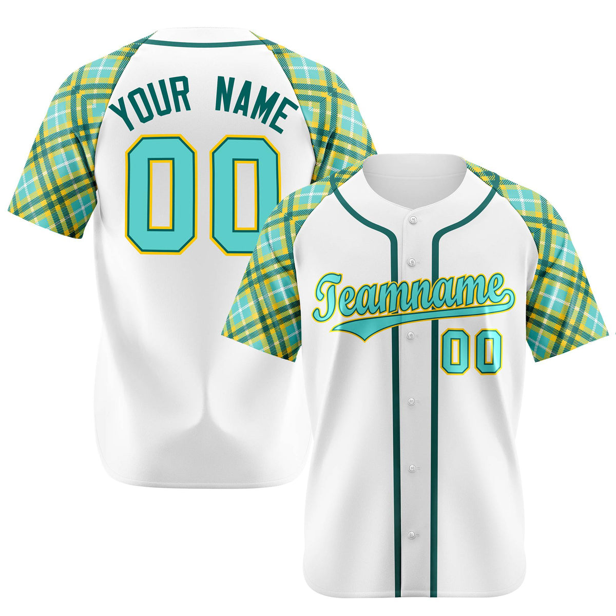 Custom White Light-Blue Yellow Authentic Plaid sleeve Baseball Jersey