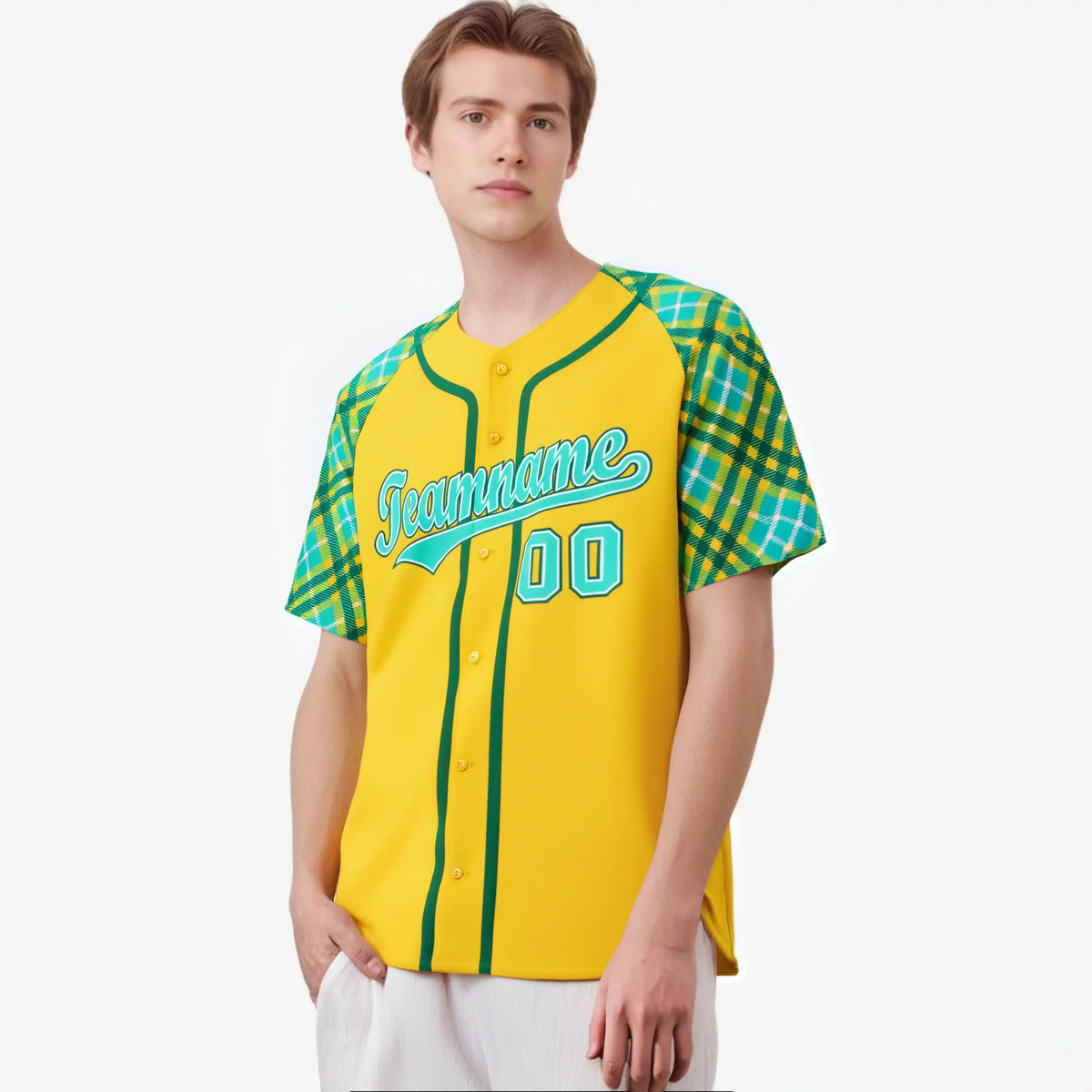 Custom Yellow Light-Blue Aqua Authentic Plaid sleeve Baseball Jersey