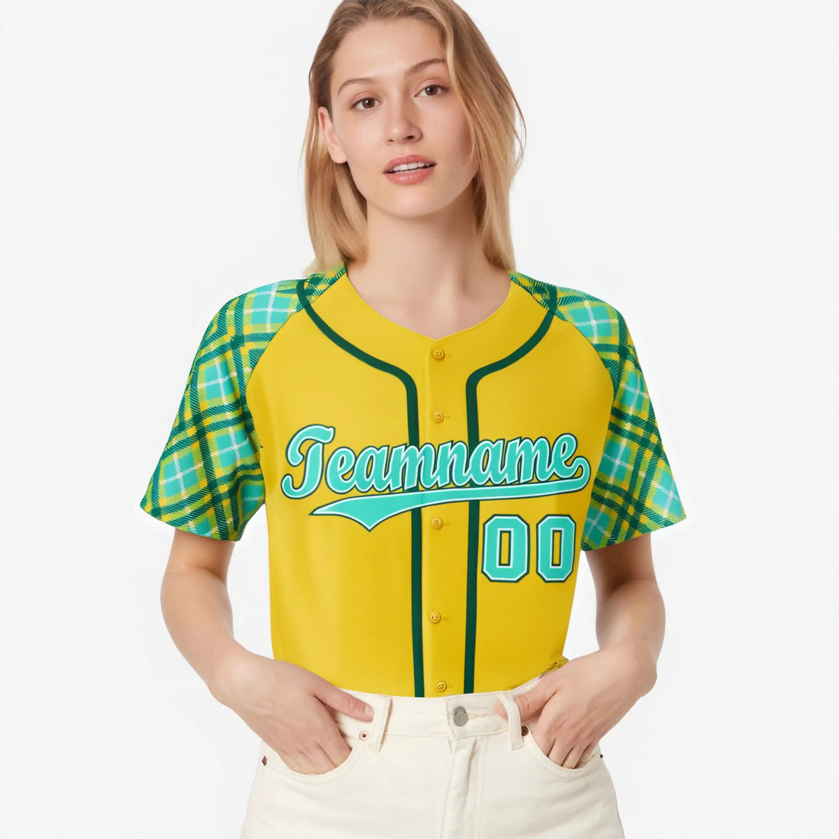 Custom Yellow Light-Blue Aqua Authentic Plaid sleeve Baseball Jersey