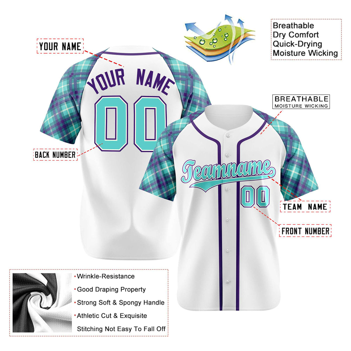 Custom Yellow Light-Blue Purple Authentic Plaid sleeve Baseball Jersey