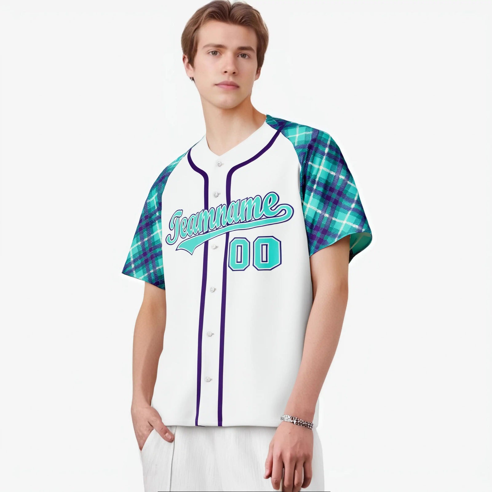 Custom Yellow Light-Blue Purple Authentic Plaid sleeve Baseball Jersey