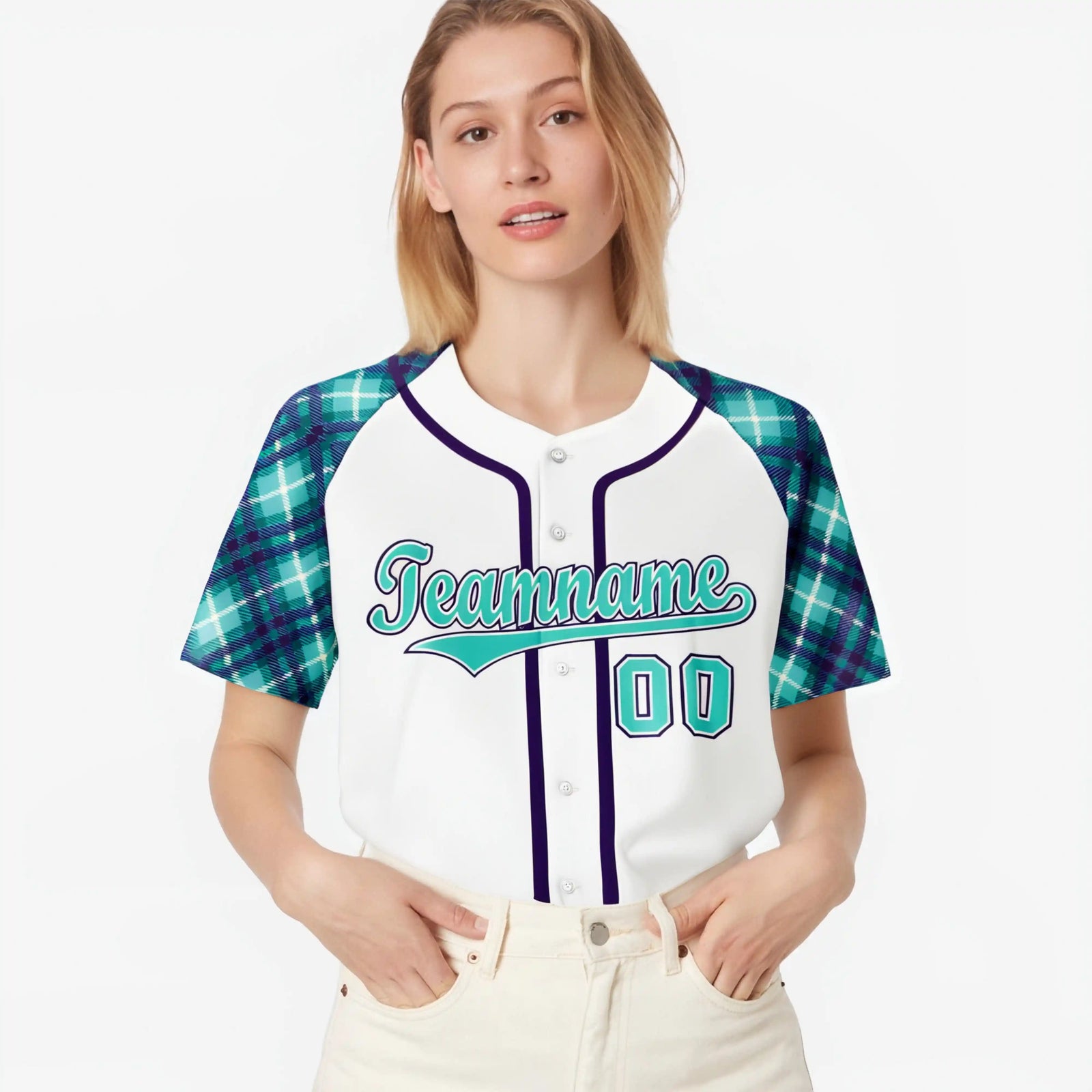 Custom Yellow Light-Blue Purple Authentic Plaid sleeve Baseball Jersey