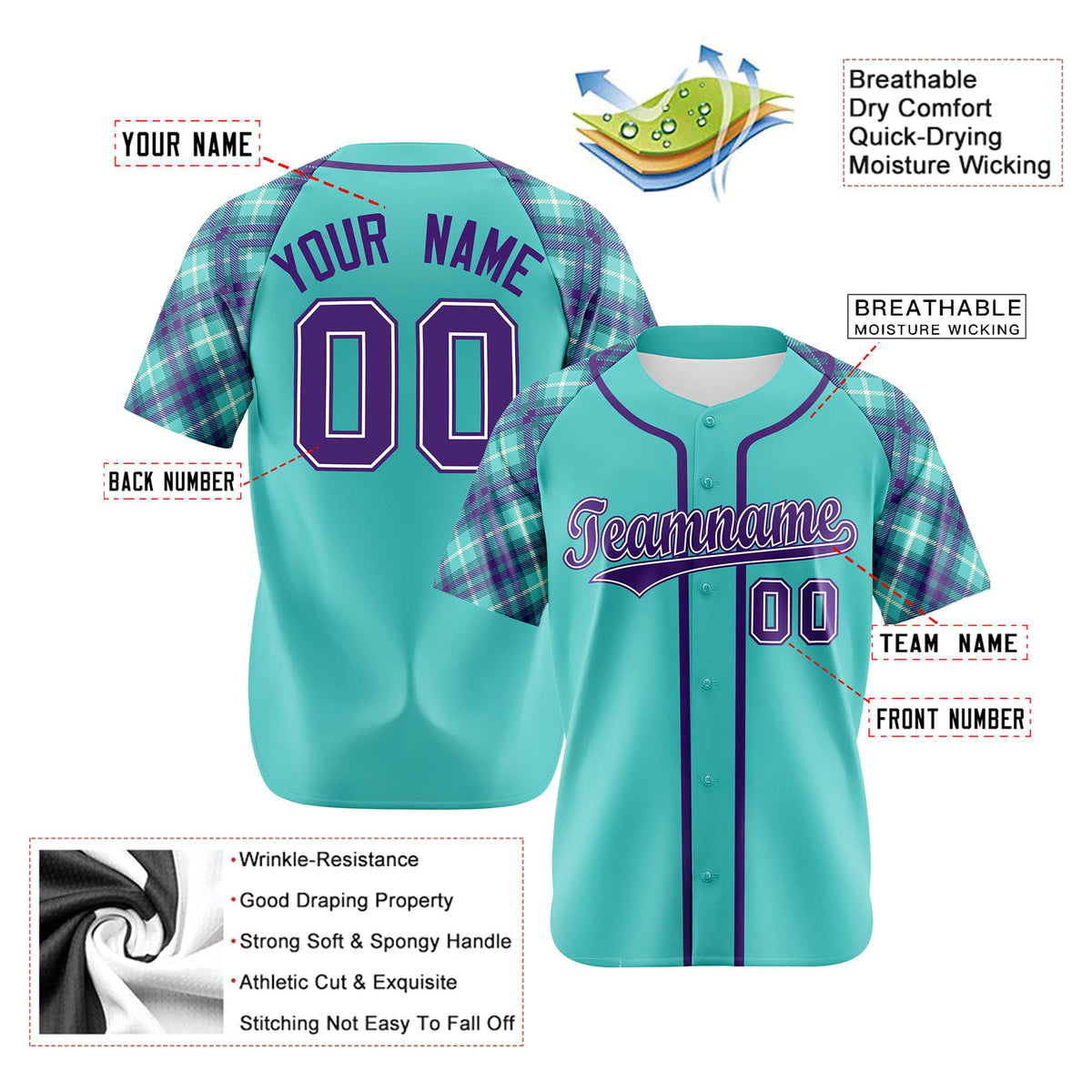 Custom Aqua Purple-White Authentic Plaid sleeve Baseball Jersey