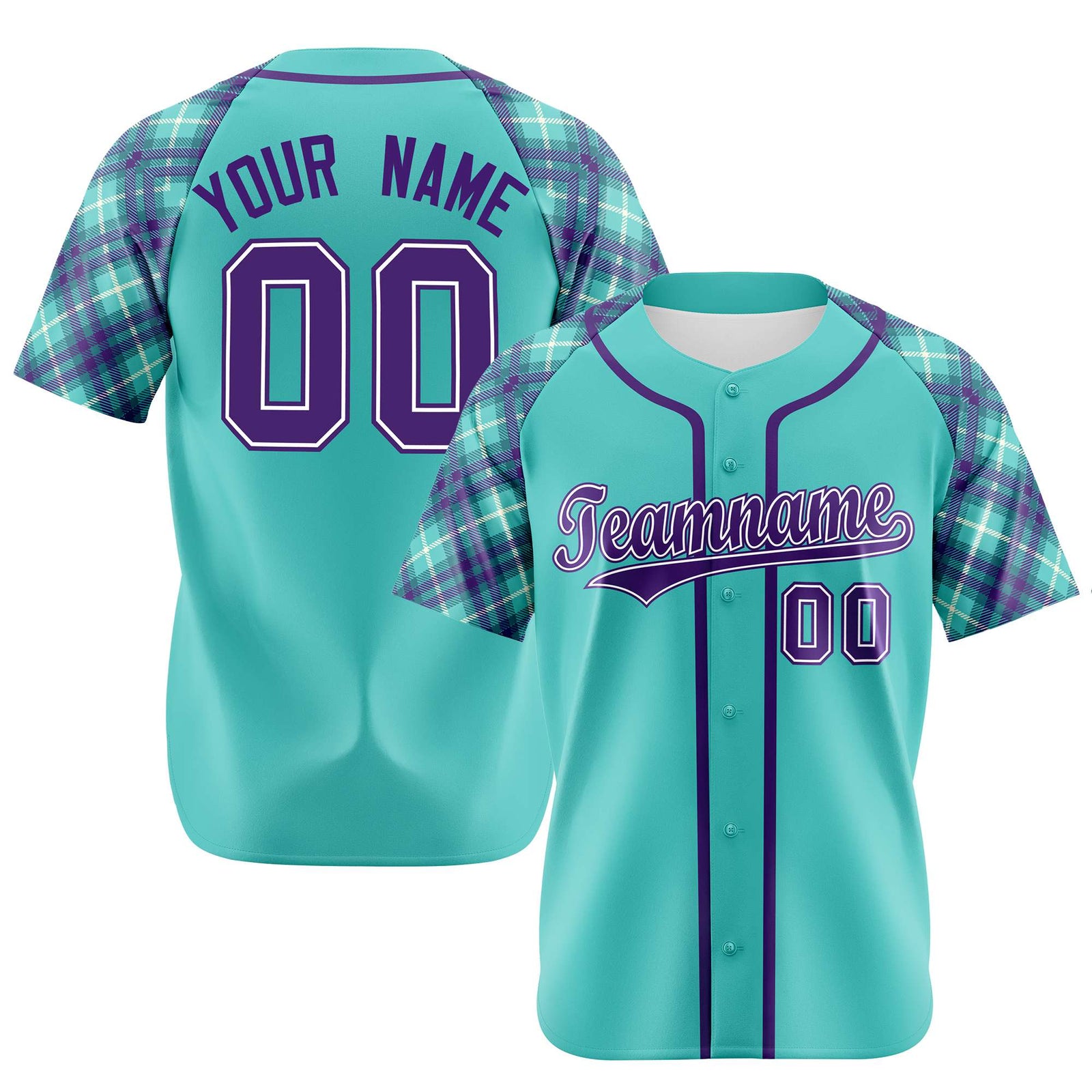 Custom Aqua Purple-White Authentic Plaid sleeve Baseball Jersey