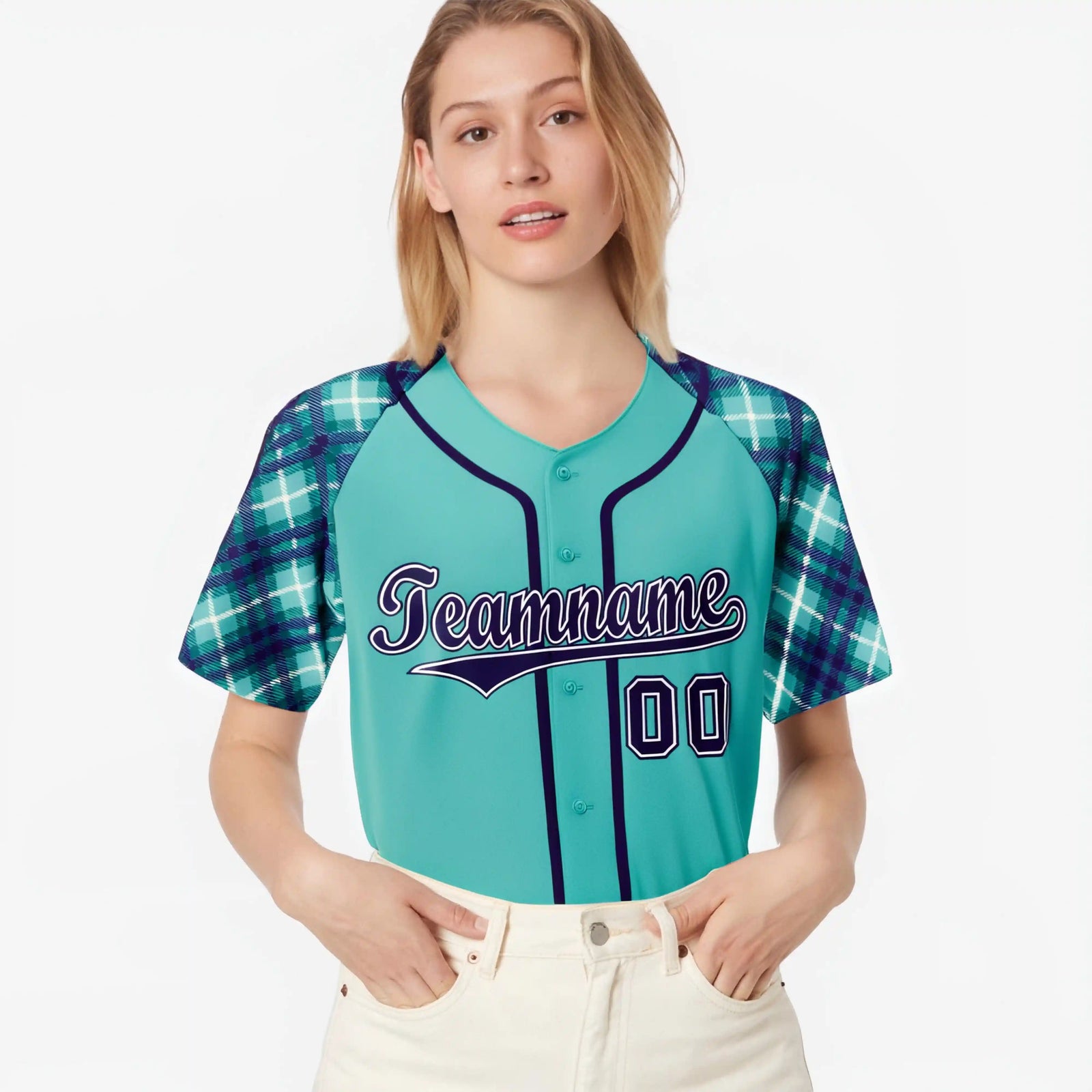 Custom Aqua Purple-White Authentic Plaid sleeve Baseball Jersey