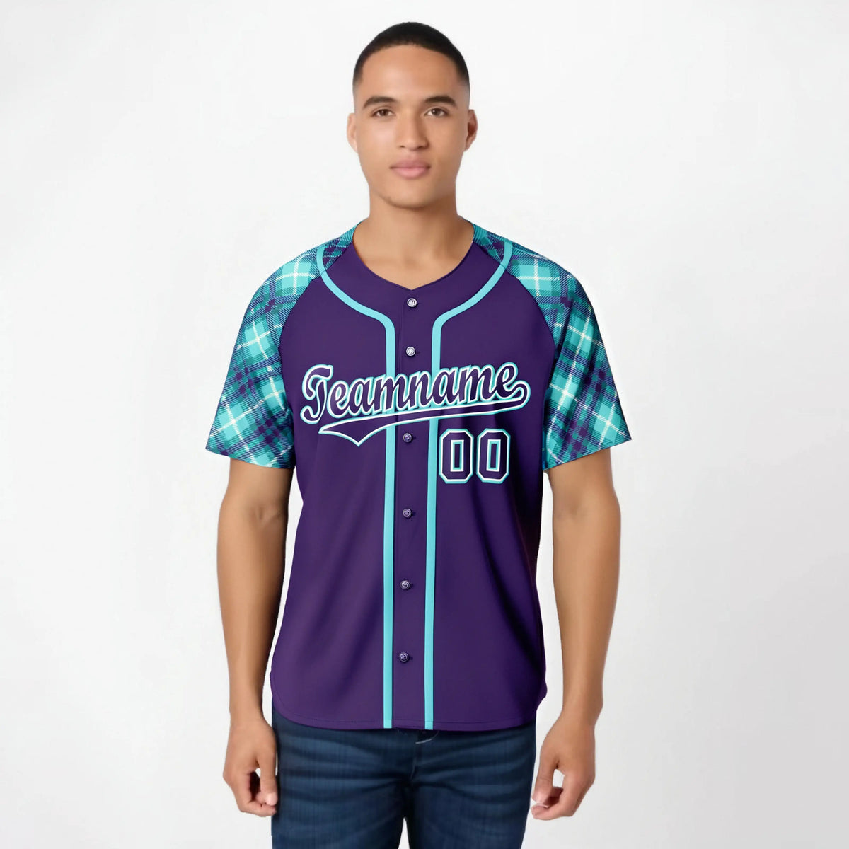 Custom Purple Aqua-White Authentic Plaid sleeve Baseball Jersey