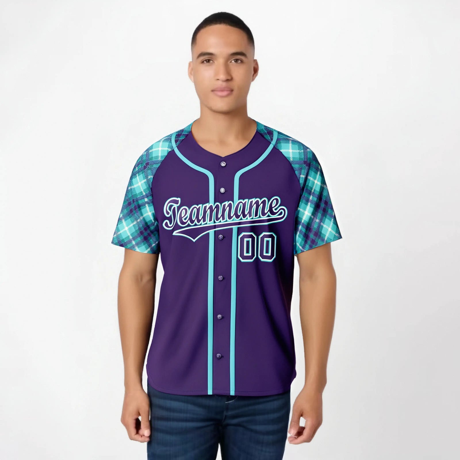 Custom Purple Aqua-White Authentic Plaid sleeve Baseball Jersey