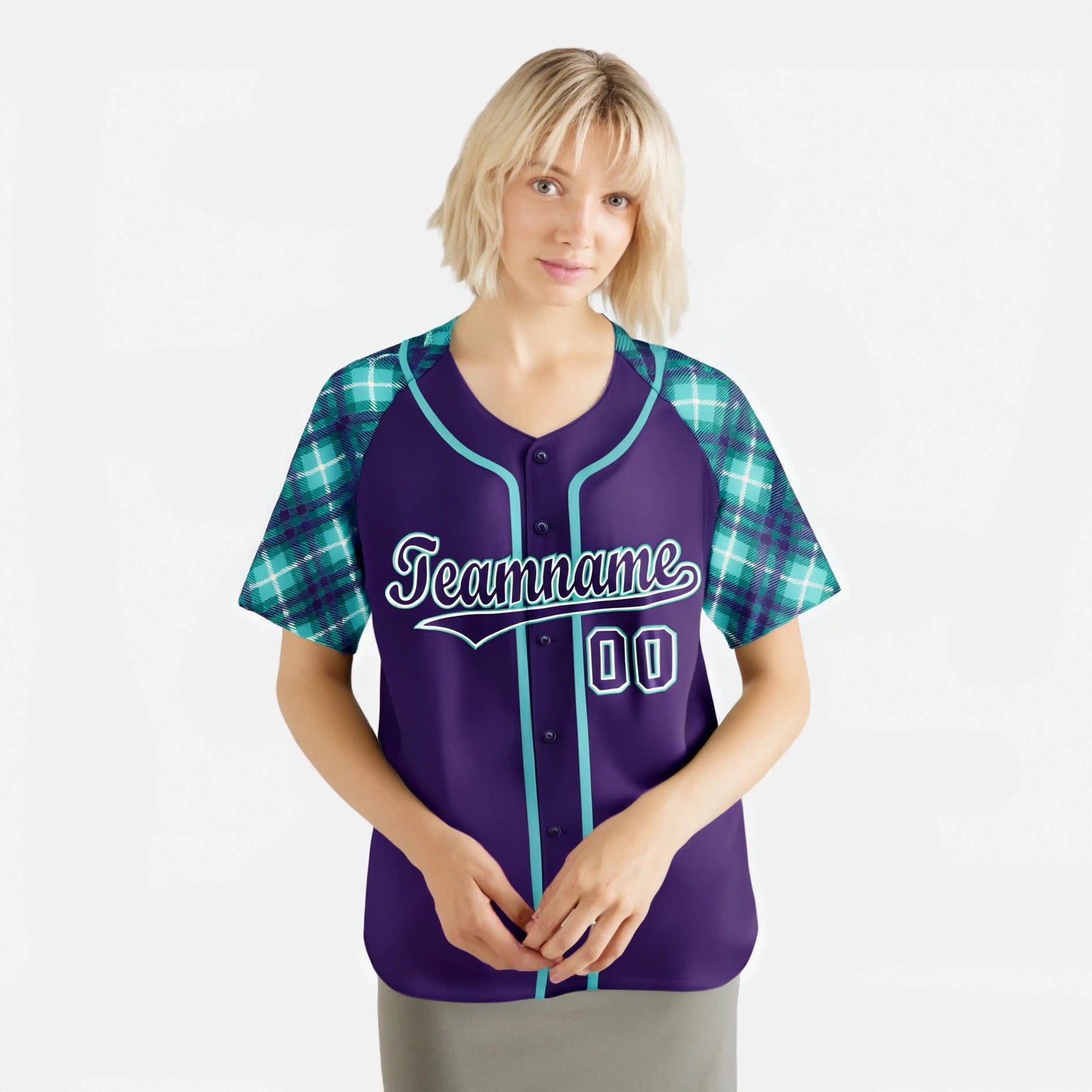 Custom Purple Aqua-White Authentic Plaid sleeve Baseball Jersey