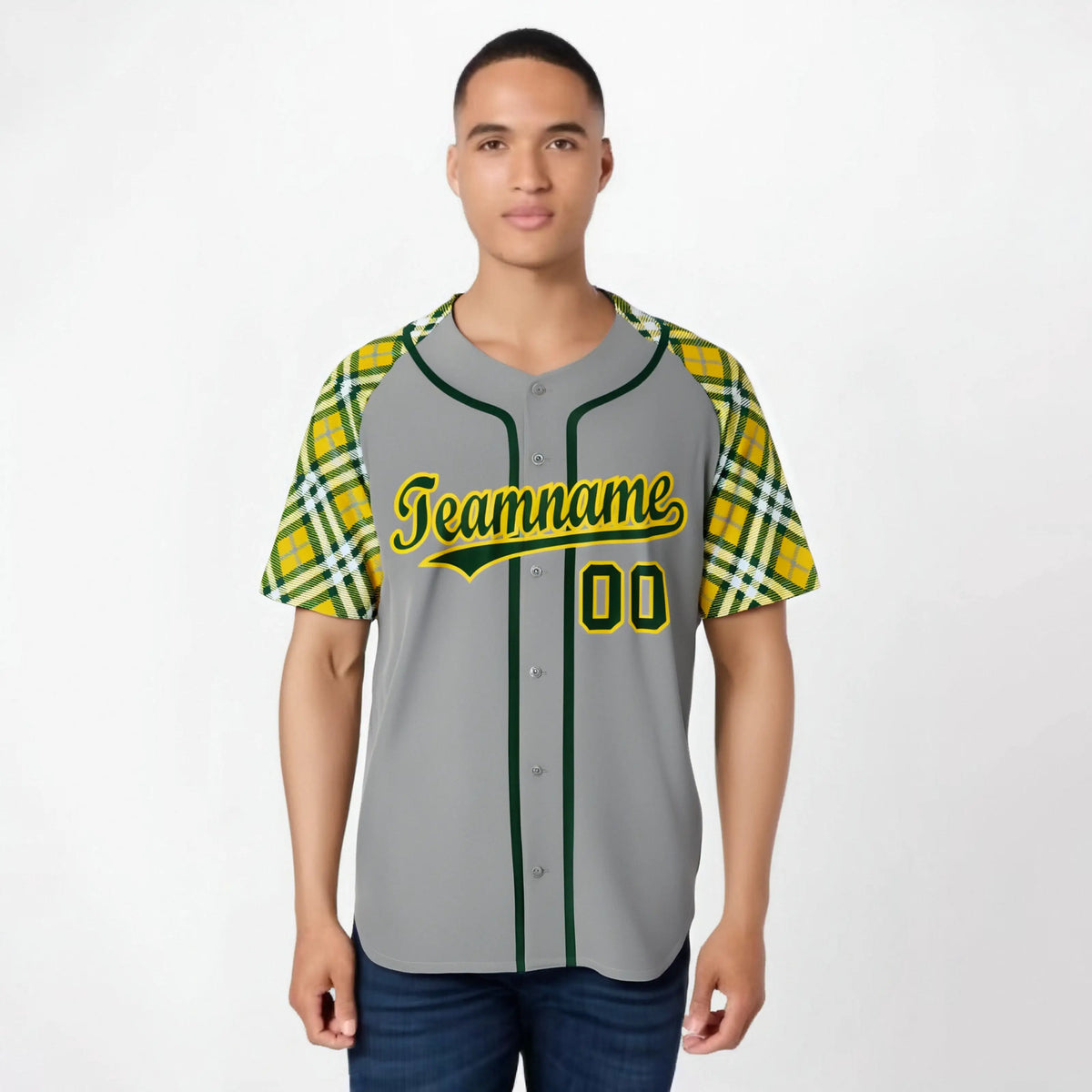 Custom Gray Yellow Kelly-Green Authentic Plaid sleeve Baseball Jersey