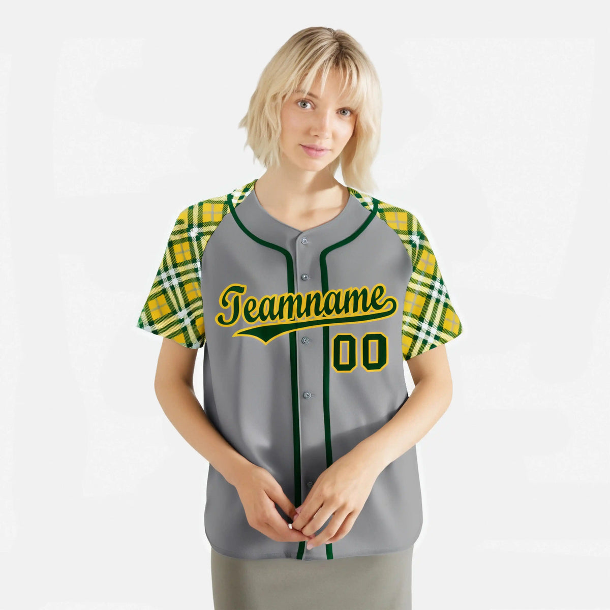 Custom Gray Yellow Kelly-Green Authentic Plaid sleeve Baseball Jersey