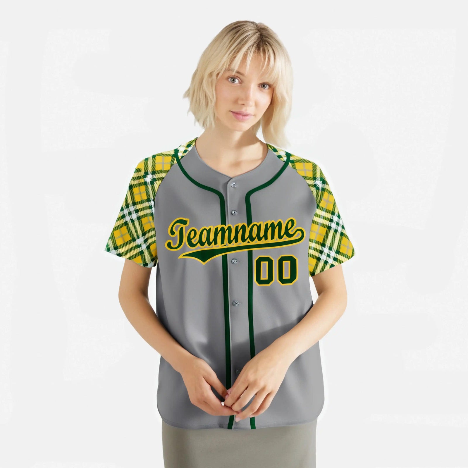 Custom Gray Yellow Kelly-Green Authentic Plaid sleeve Baseball Jersey