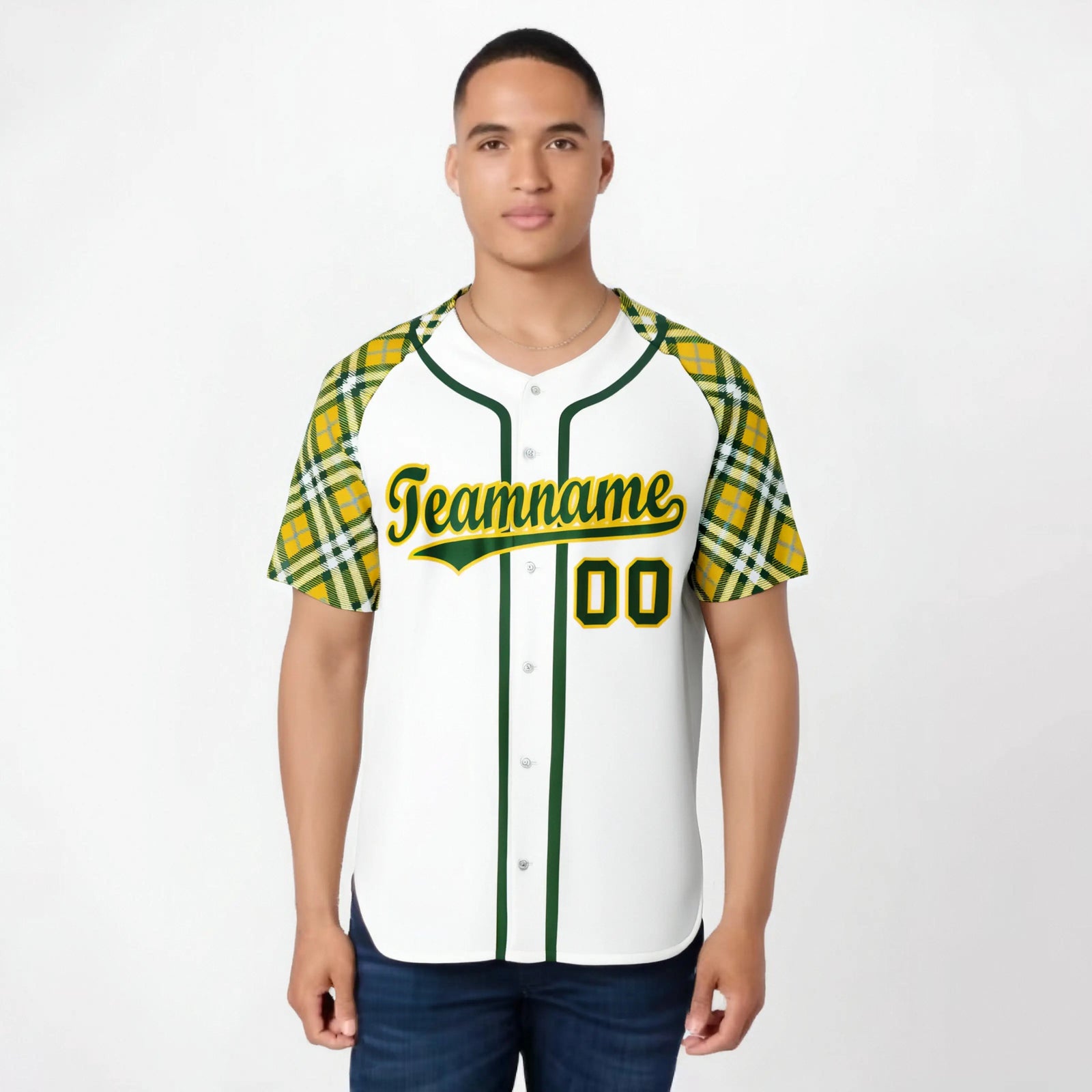 Custom White Yellow Kelly-Green Authentic Plaid sleeve Baseball Jersey