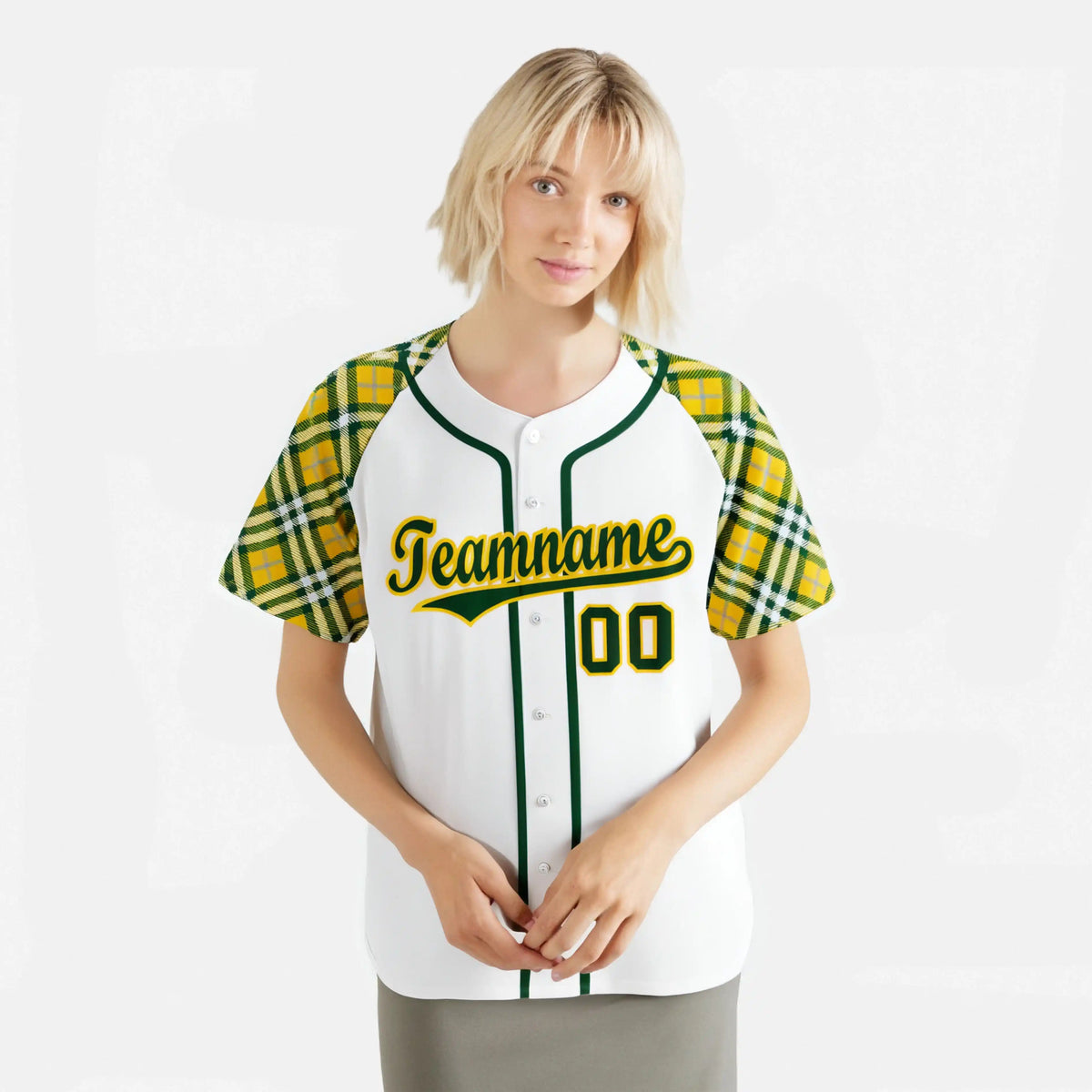 Custom White Yellow Kelly-Green Authentic Plaid sleeve Baseball Jersey