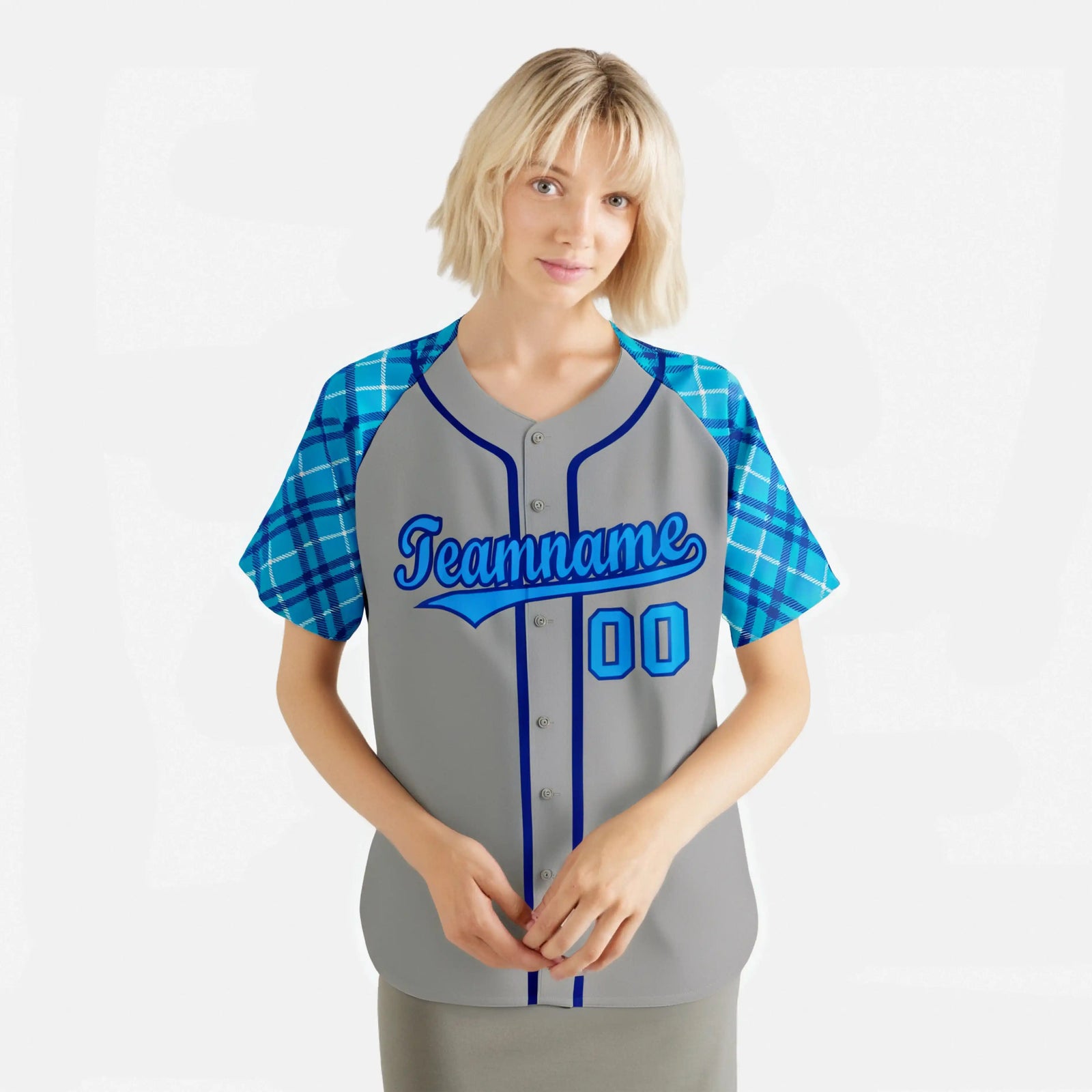 Custom Gray Blue-Purple Authentic Plaid sleeve Baseball Jersey