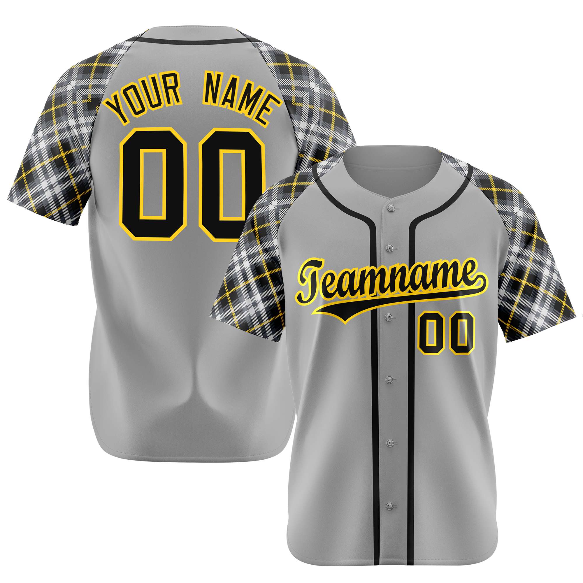 Custom Gray Black-Yellow Authentic Plaid sleeve Baseball Jersey