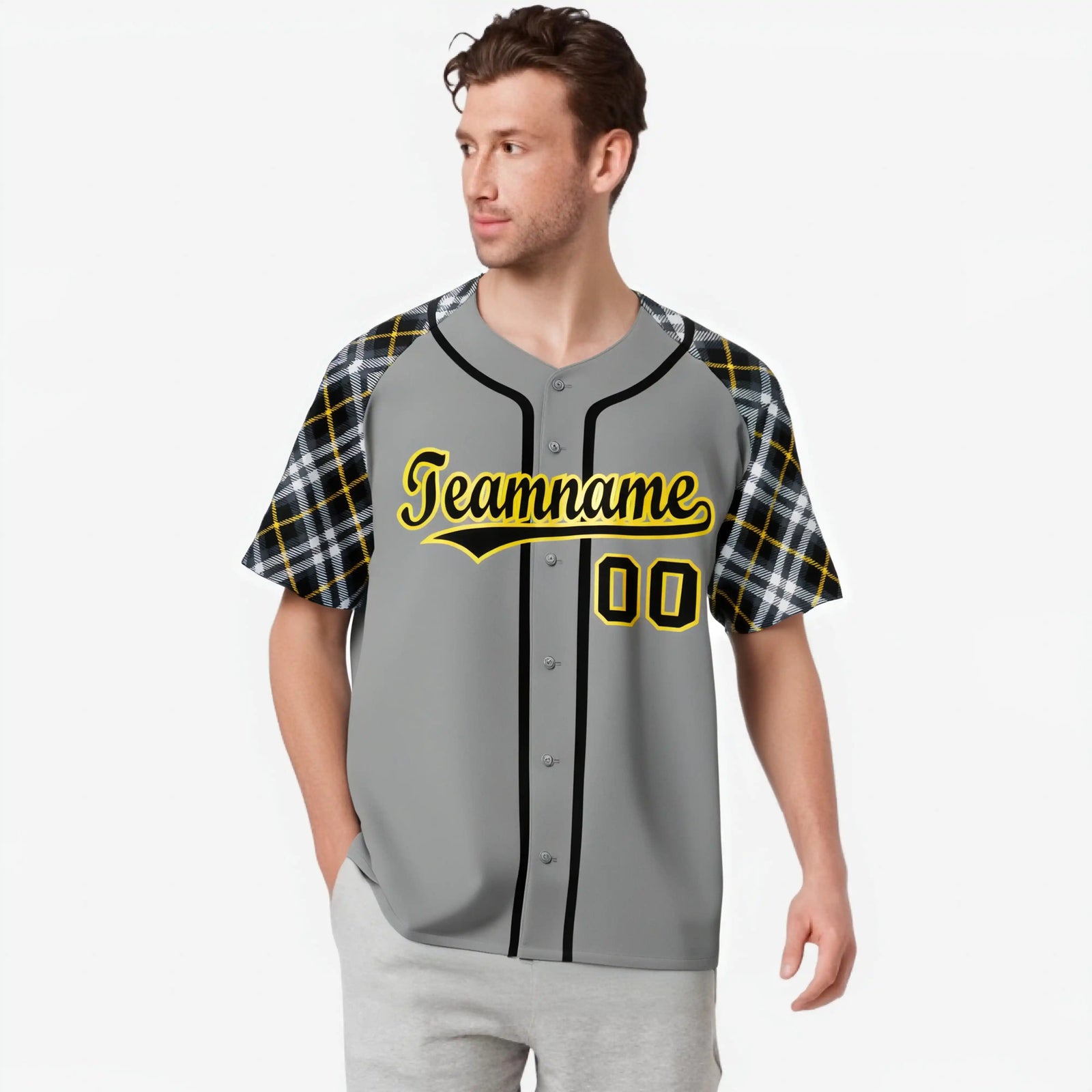 Custom Gray Black-Yellow Authentic Plaid sleeve Baseball Jersey