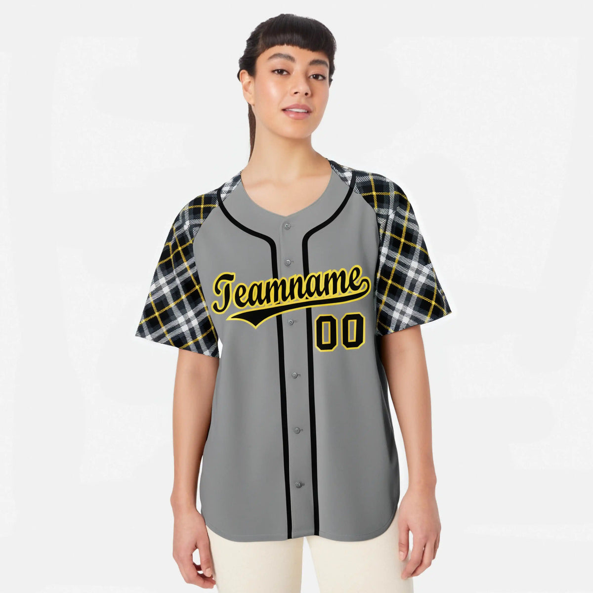 Custom Gray Black-Yellow Authentic Plaid sleeve Baseball Jersey