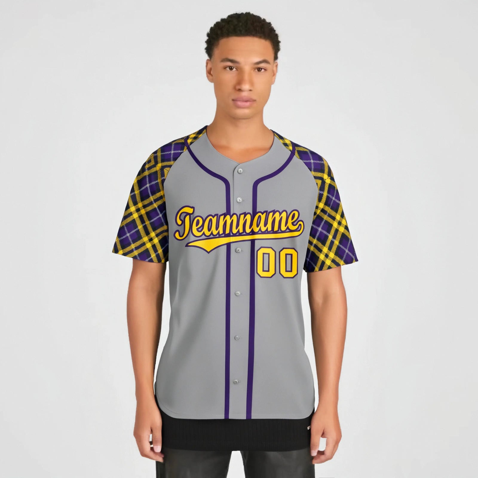 Custom Gray Yellow-Purple Authentic Plaid sleeve Baseball Jersey