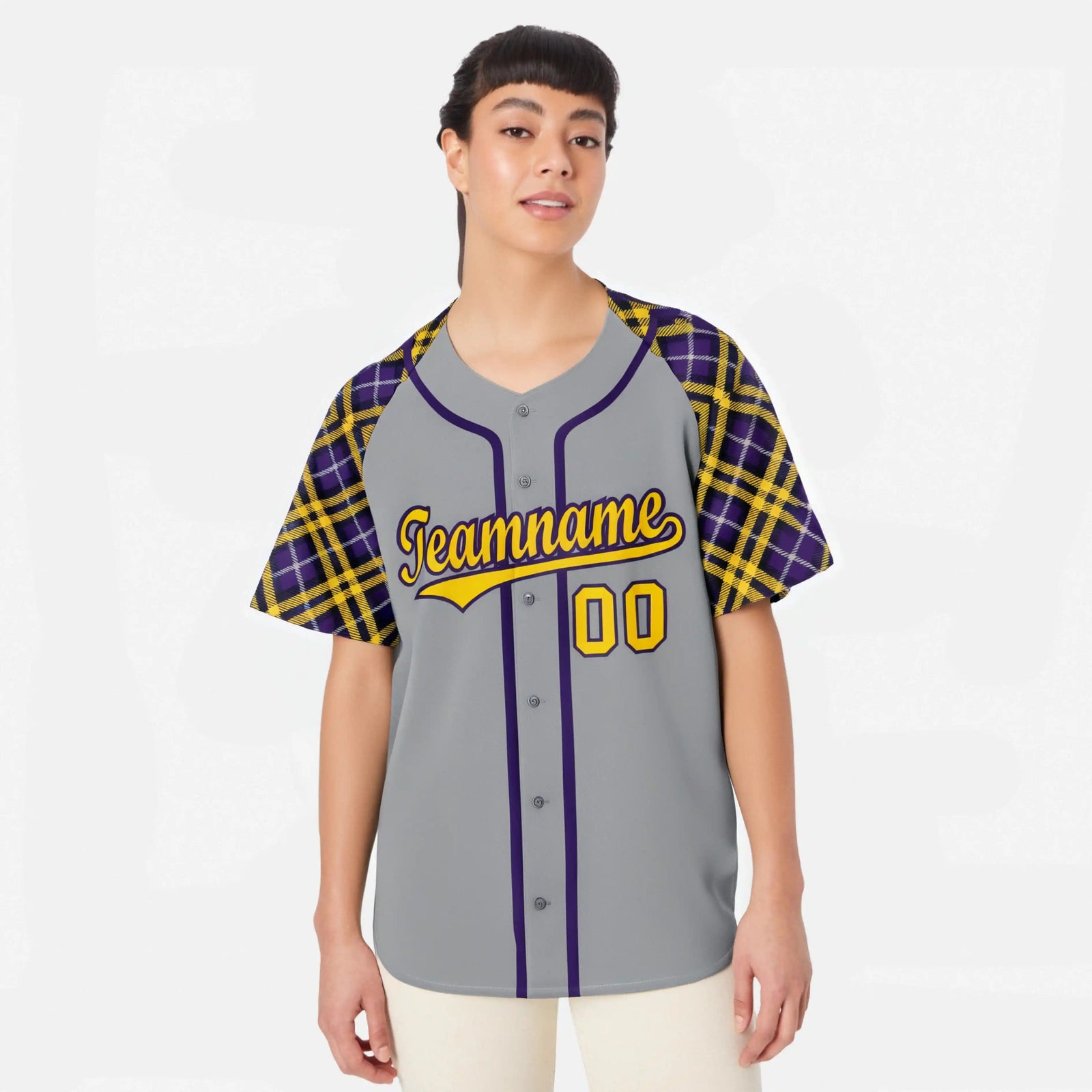 Custom Gray Yellow-Purple Authentic Plaid sleeve Baseball Jersey