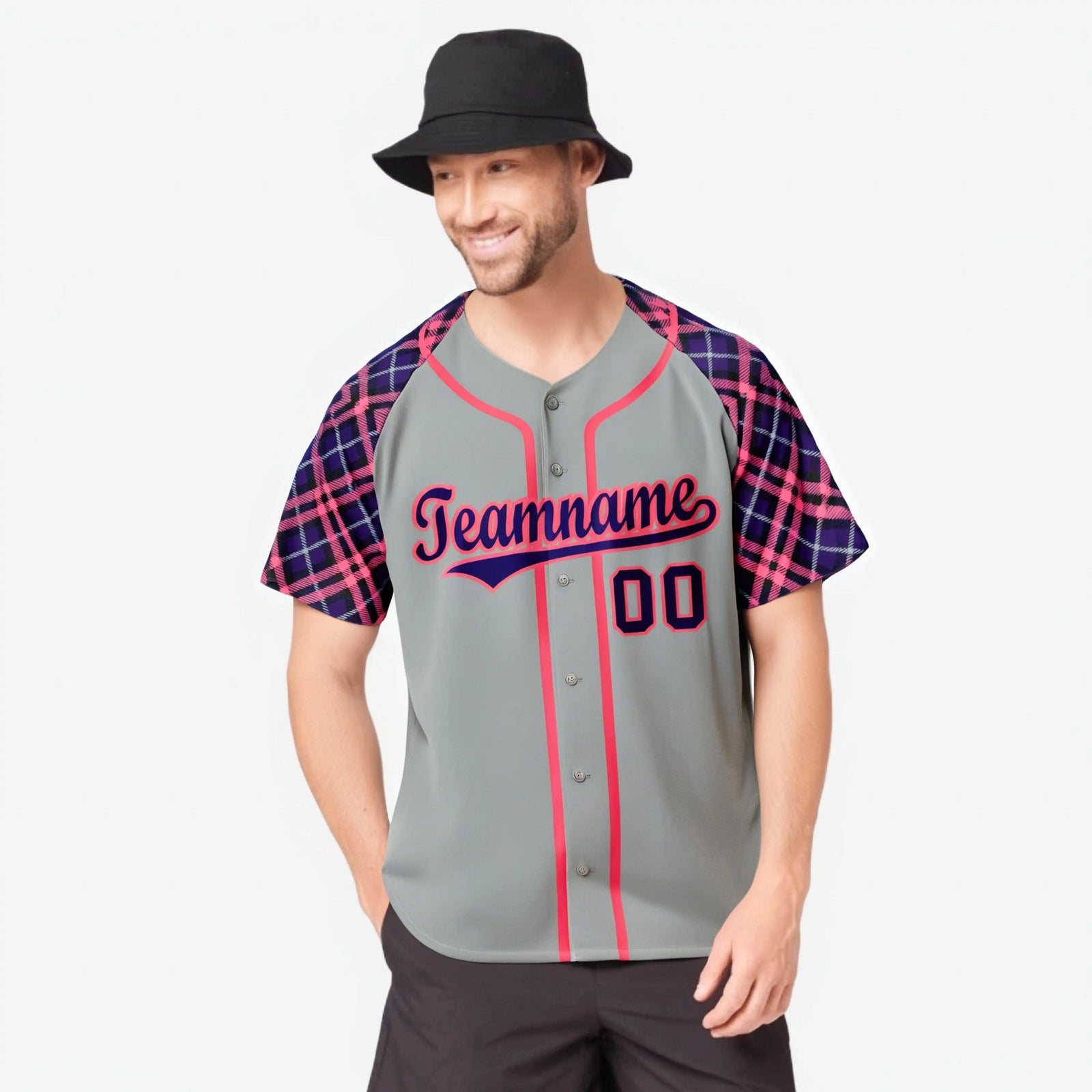 Custom Gray Pink-Purple Authentic Plaid sleeve Baseball Jersey