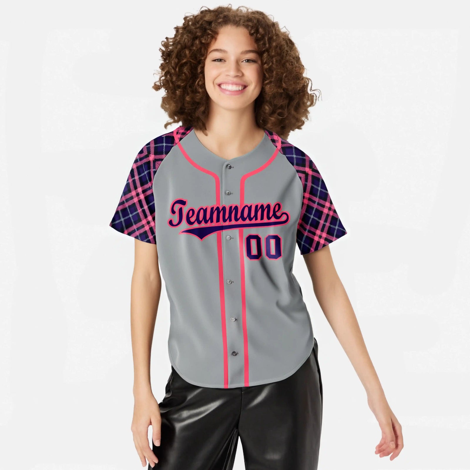 Custom Gray Pink-Purple Authentic Plaid sleeve Baseball Jersey