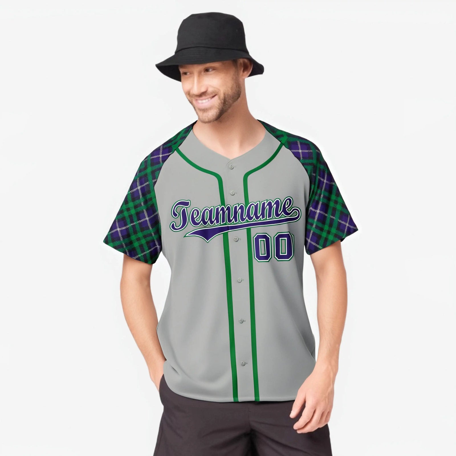 Custom Gray Purple-Green Authentic Plaid sleeve Baseball Jersey