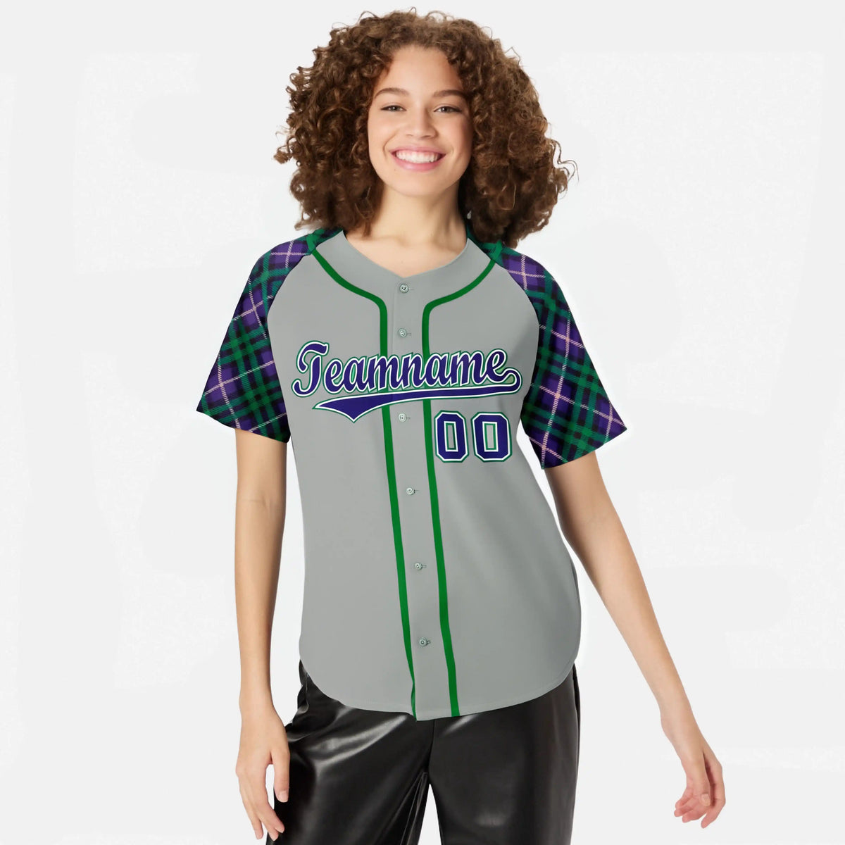 Custom Gray Purple-Green Authentic Plaid sleeve Baseball Jersey